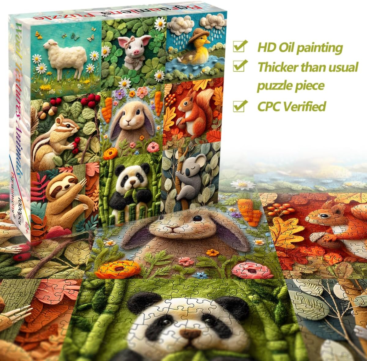Bgraamiens 1000 Piece Jigsaw Puzzles for Adults and Kids – Wool Texture Animal Puzzle – Cozy and Cute Farm and Forest Friends – Soft Felt Style Animal Art for Relaxation and Gifts image 2