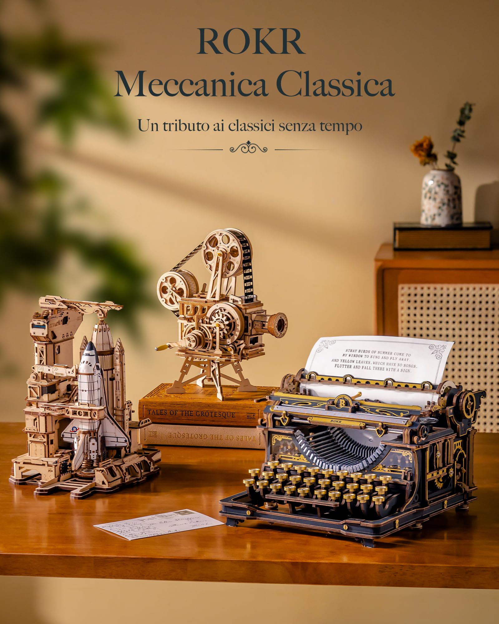 ROKR Puzzle 3D in Legno Macchina da Scrivere Meccanica Modellino Classica | Kit Costruzione Fai da Te per Adulti, Arredamento da Scrivania Retro, Mechanical Typewriter Versione Classica, LK703B