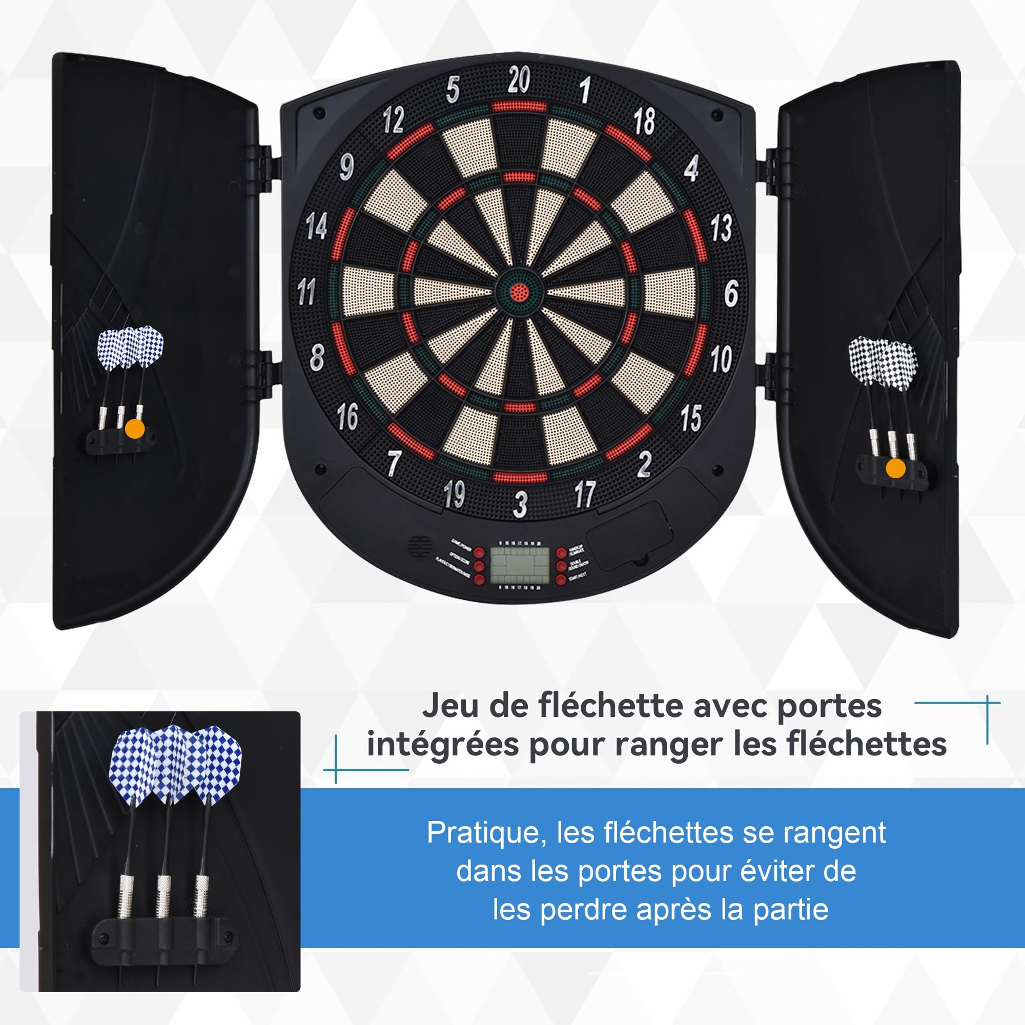 HOMCOM Cible de Jeu de Fléchettes Électronique Refermable avec 26 Jeux, Affichage LCD, Haut-Parleur, jusqu'à 8 Joueurs, Noir