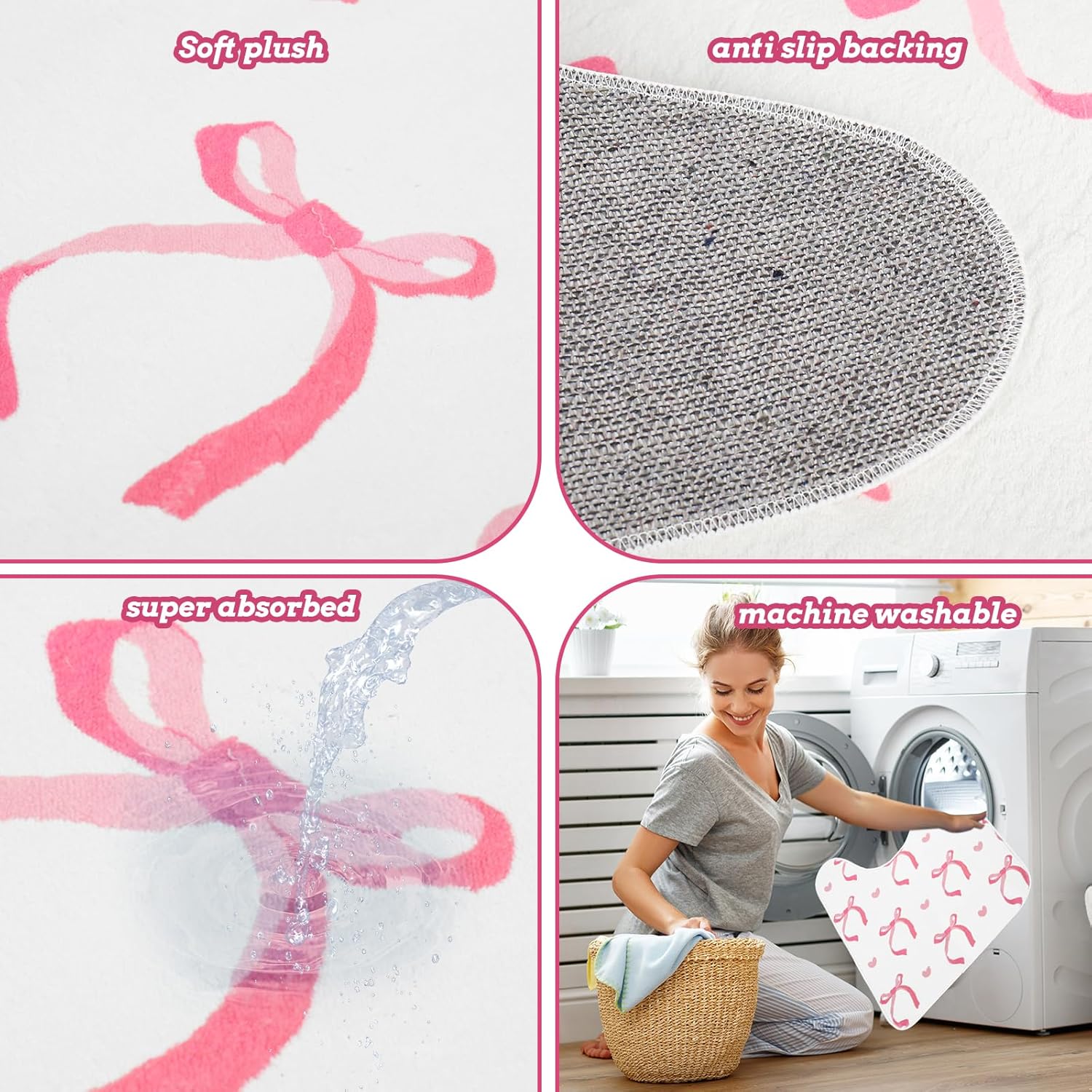 JarThenaAMCS 3Pcs Pink Bow Bathroom Mat Set Includes Cute Tufted U-Shaped Contour Toilet Rug Bathmat and Toilet Lid Cover for Luxury Bathroom Decoration