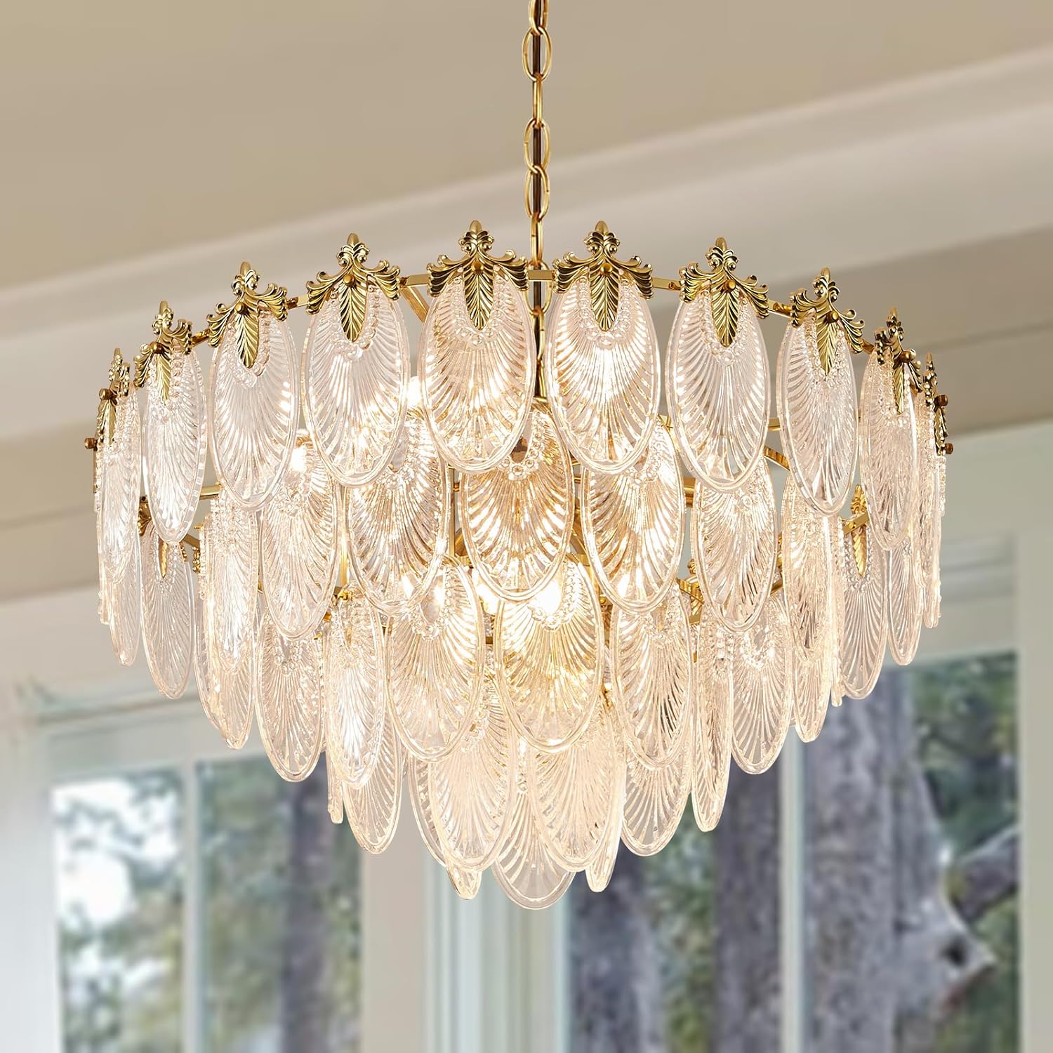 KELUOLY Modern Large Chandeliers, 4-Layer Gold Crystal Glass Chandelier, 12 Light Round Antique Pendant Light, 31.5 inches Adjustable Height,Applicable to Foyer,Living Room,Bedroom,Dining Room