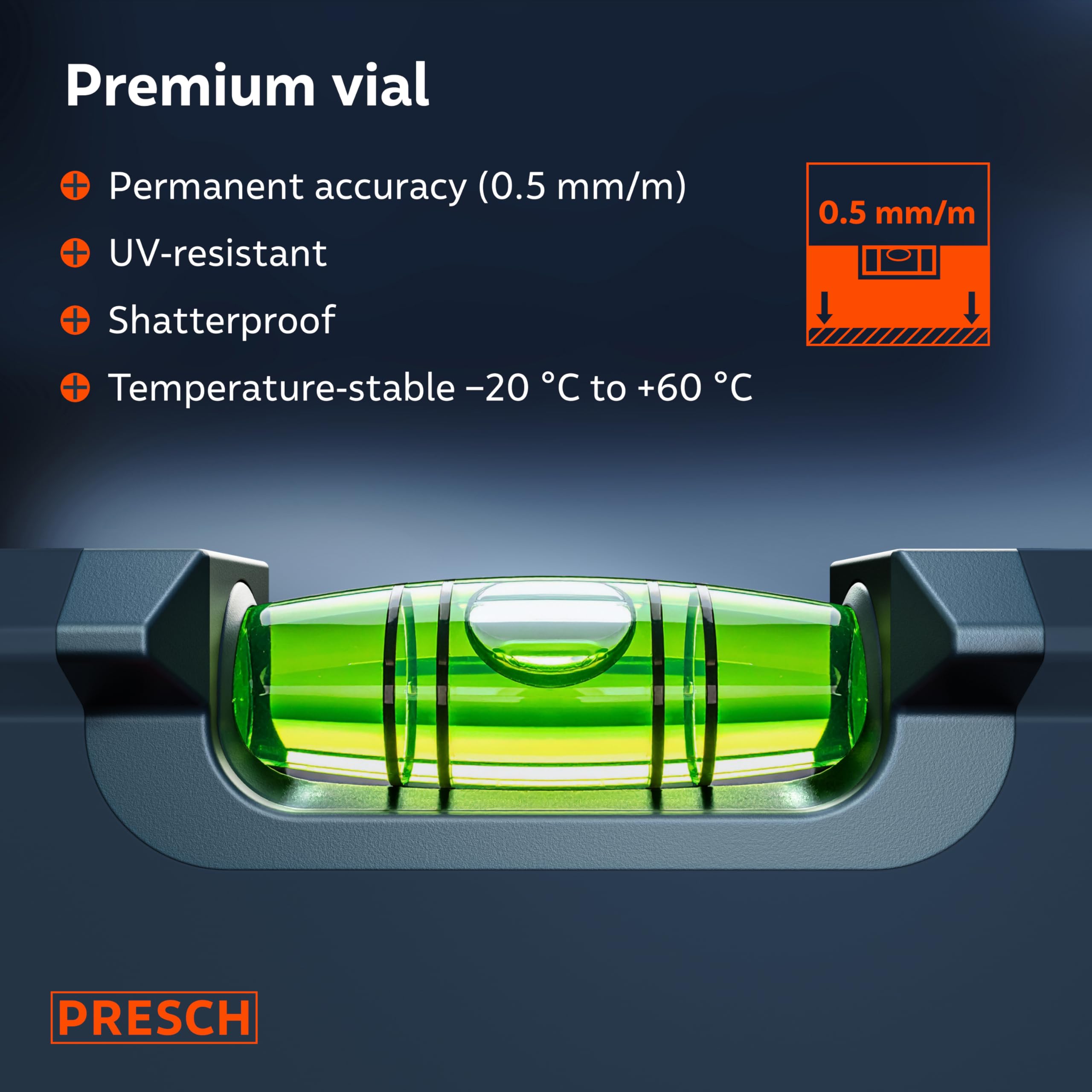 Presch Poziomica magnetyczna 120cm - Niełamliwa ampułka z wskaźnikiem spadku 2% - Okienko do odczytu pionowego - Innowacyjne antypoślizgowe końcówki - Precyzyjna powierzchnia pomiarowa
