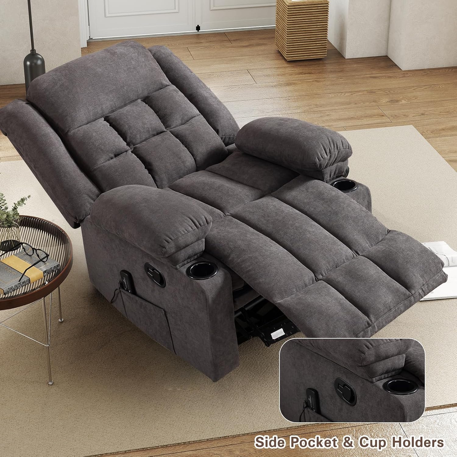 EBELLO Manual Recliner Chair for Adults with Vibration Massage and Lumbar Heating, Soft Fabric Recliner Single Sofa with Side Pocket and Two Cup Holders for Living Room, Grey