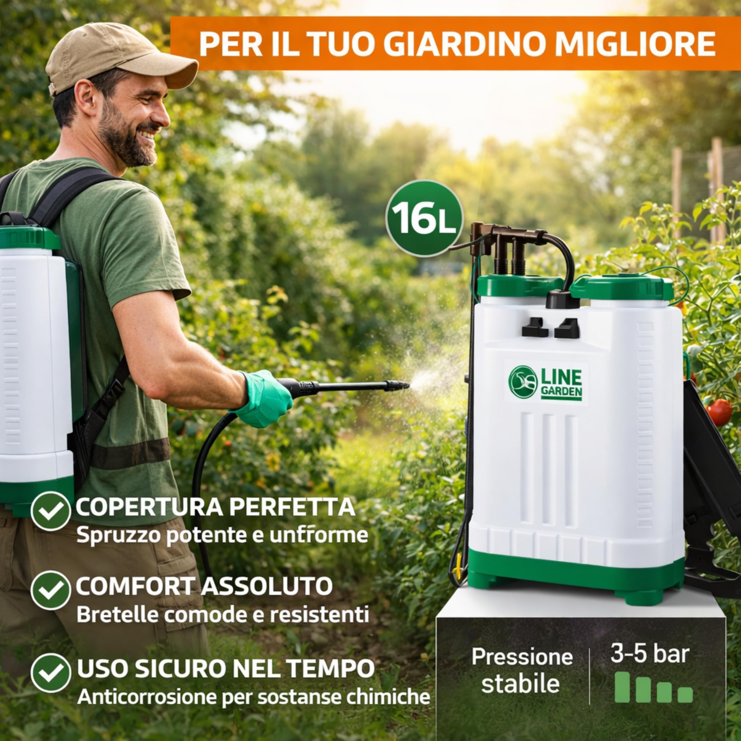 Spruzzatore a Pressione 16 Litri - PROFESSIONALE e Plastica RESISTENTE - Sprayer Manuale con Guarnizione VITON - Stantuffo Autoriempiente - Pompa per Diserbante per Giardino, Disinfestazione, Pulizia