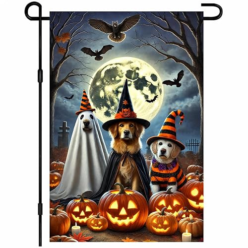 BlissYard Halloween Garden Flag 12x18 Inch Spooky Cute Dogs Ghost