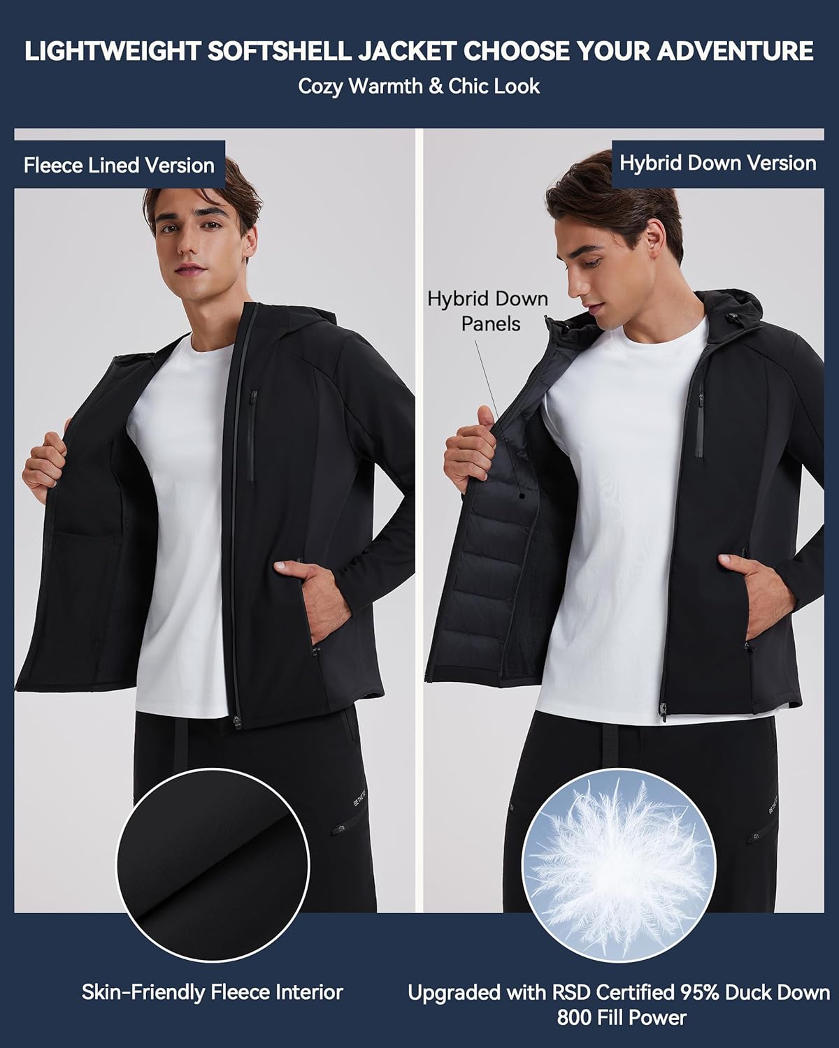 Mudere Men's Lightweight Softshell Jacket with Hood Fleece Lined Waterproof Windbreaker Zip Up Winter Coat for Outdoor Hiking - Image 4