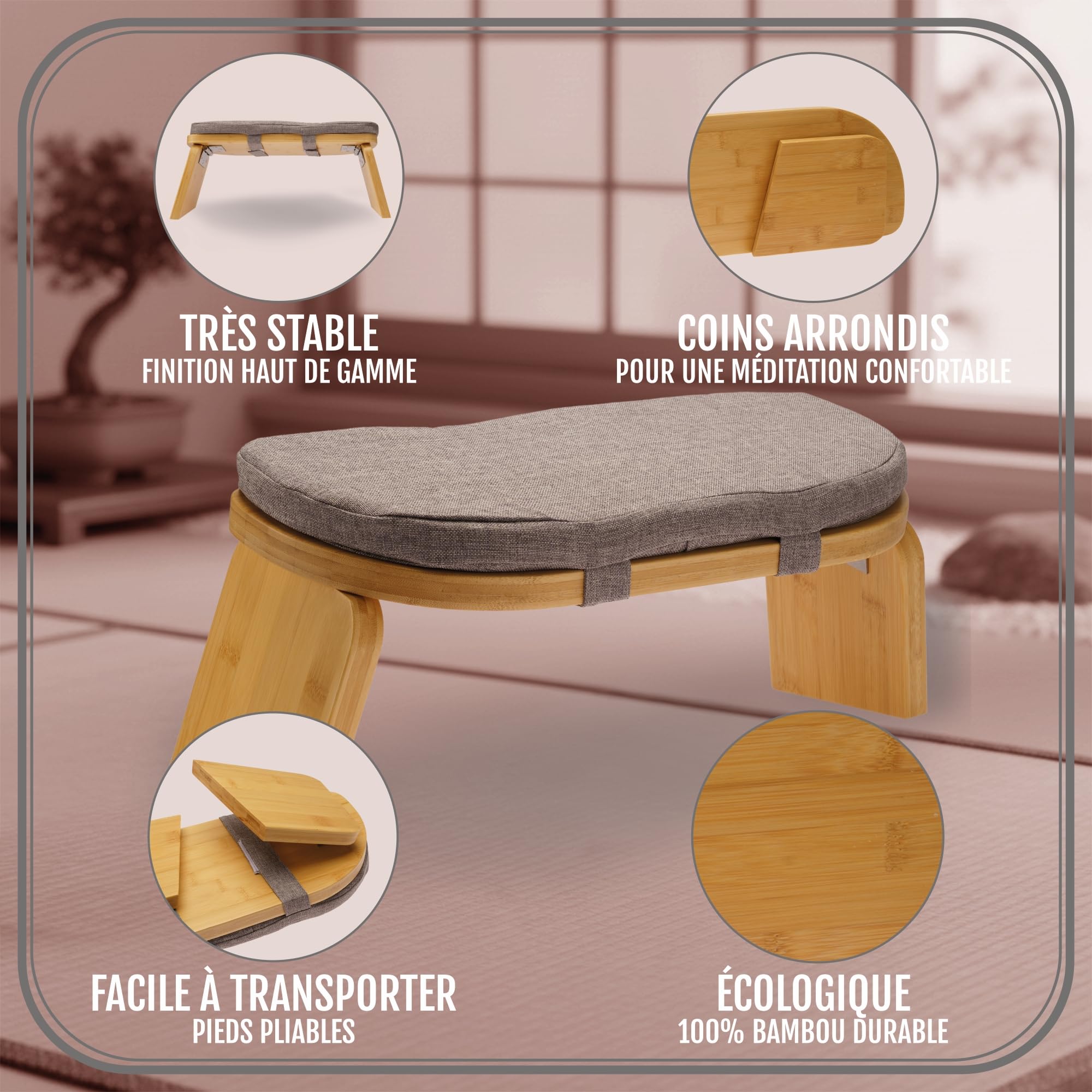 Banc de Méditation Pliable 44x18 cm avec Coussin Tabouret de Yoga Ergonomique en Bambou Durable pour Pleine Conscience & Soulagement des Genoux