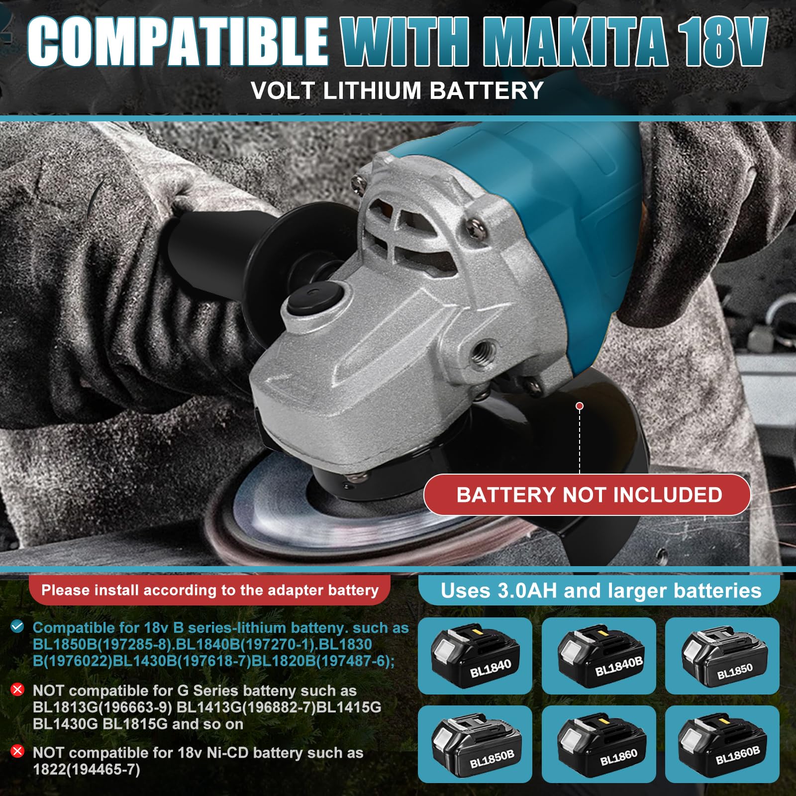 Amoladora angular de batería compatible con batería de litio Makita de 18 V, amoladora angular eléctrica sin escobillas con diámetro de disco de 125 mm, 3000-10000 rpm, para una separación y lijado