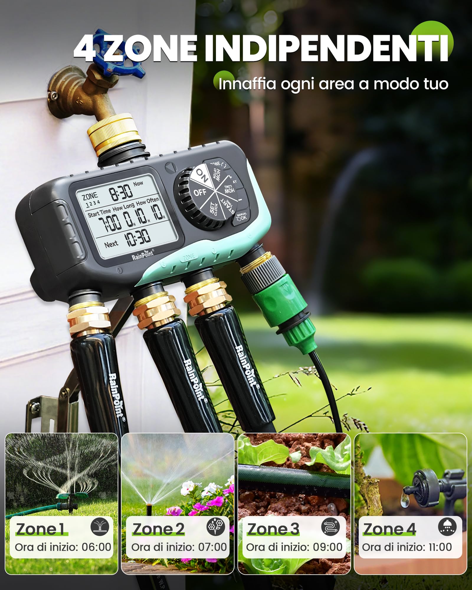 RAINPOINT Centralina Irrigazione 4 Zone, Ingresso e Uscita in Ottone, Impermeabile IP65, Timer irrigazione 4 Vie con Ritardo Pioggia/Controllo Manuale, Programmatore Irrigazione per Prato e Giardino
