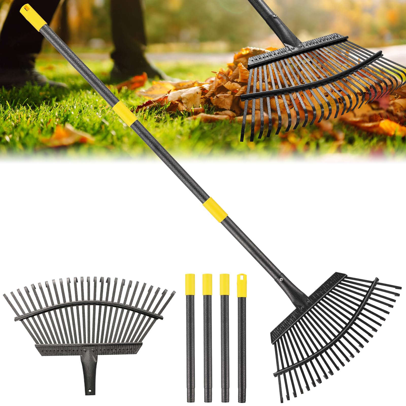 Rechen, Gartenrechen für Blätter, robuster Metall-Laubbesen mit 94 - 200,7 cm verstellbarem langem Stahlgriff, 25 Zinken, 45,7 cm breit, Hofrechen für Rasen, Blumenbeet, Gras, Mulch, Strauch, Camping