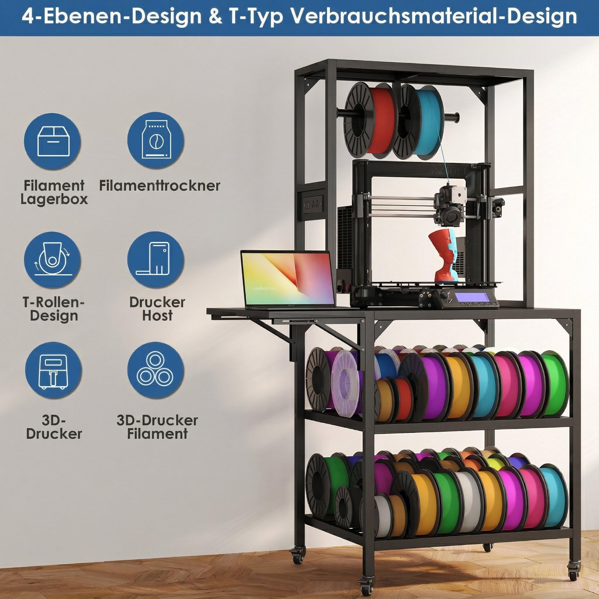Supporto per stampante 3D con vassoio per filamenti e ruote, stabile a 2 livelli, supporto da tavolo con supporto per bobina a T, per casa, ufficio, officina, studio di stampa 3D, adatto per la