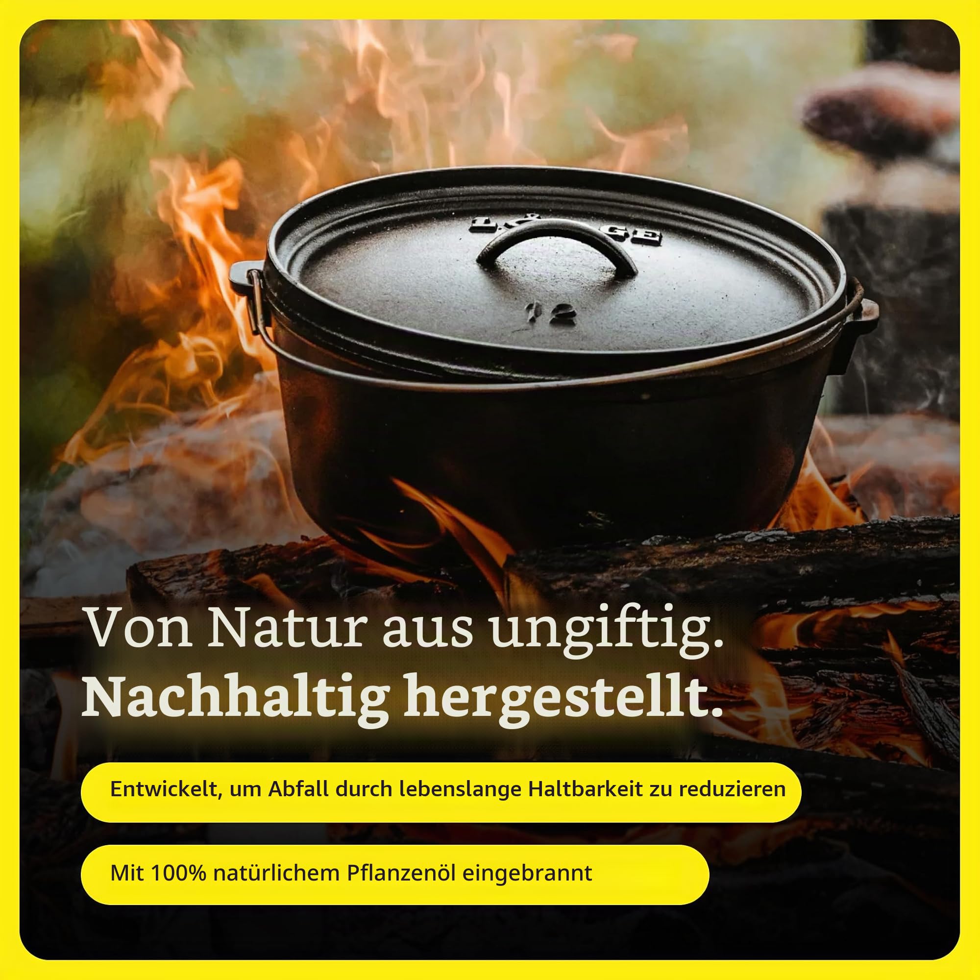 Lodge Camp Dutch Oven Classic, 30,5 cm, Gusseisen, 4 Standfüße | Feuertopf, 100% natürlich eingebrannt, für Lagerfeuer & Outdoor-Küche, schwarz, gleichmäßige Wärmeverteilung