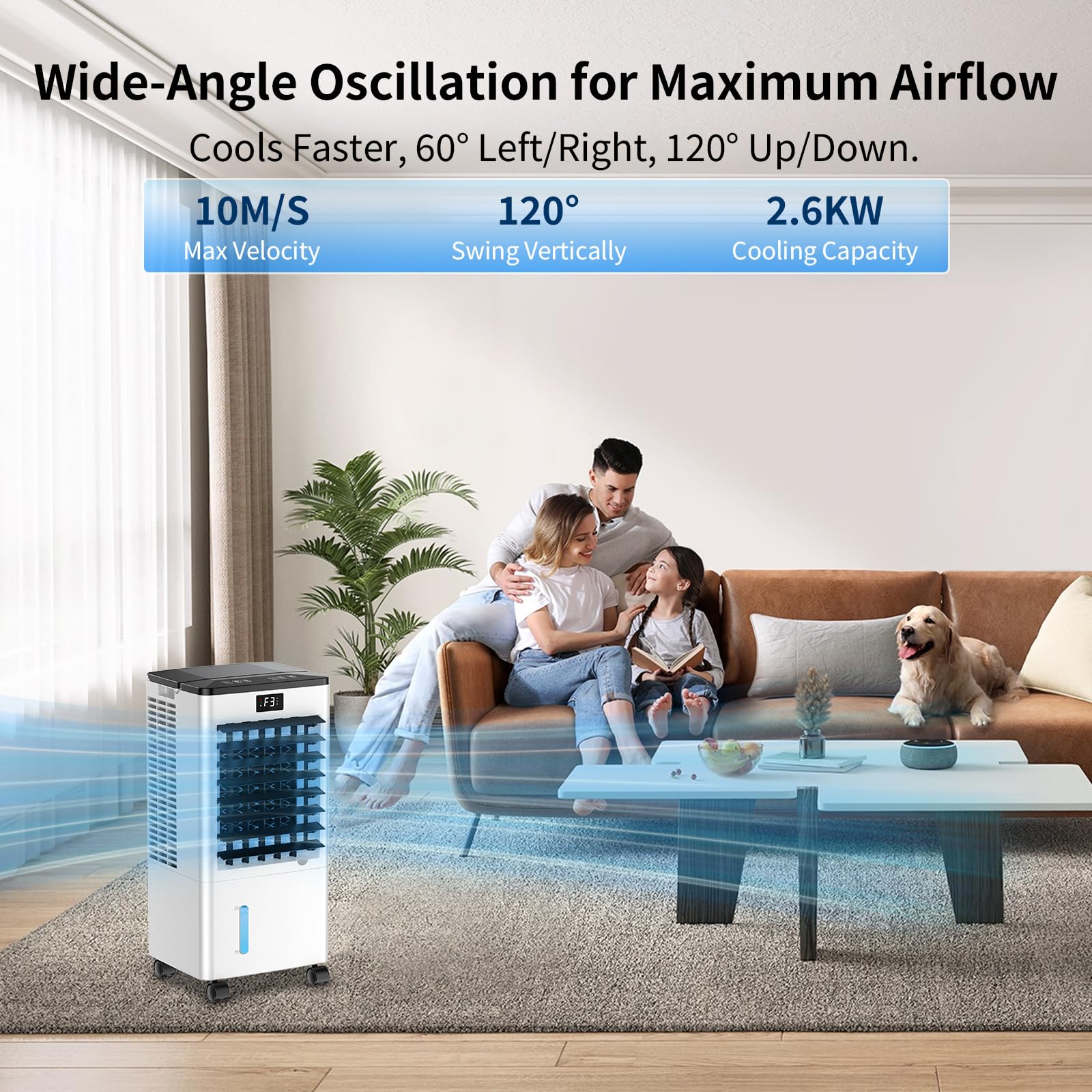 Climatiseur Mobile, 3 Modes & 3 Vitesse, Minuteur 12H, 4 Boîtes des Glacières, Grand Réservoir d'Eau, Fonction d'Oscillation, 60W Refroidisseur d'Air Évaporation avec Écran pour Chambre Bureau