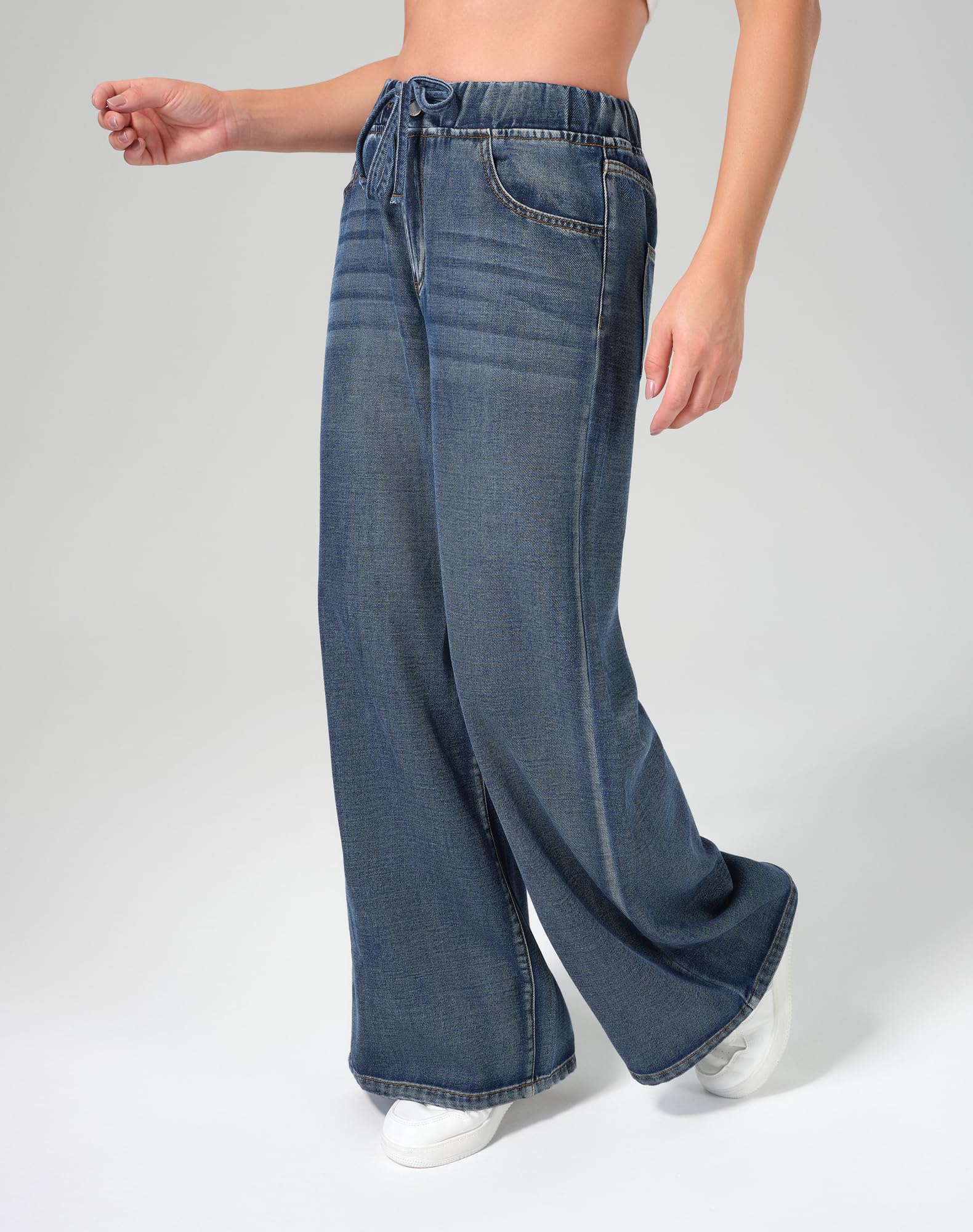 roswear Women's Wide Leg Jeans Sweatpants Elastic Waist with Drawstring Baggy Loose Fit Pants