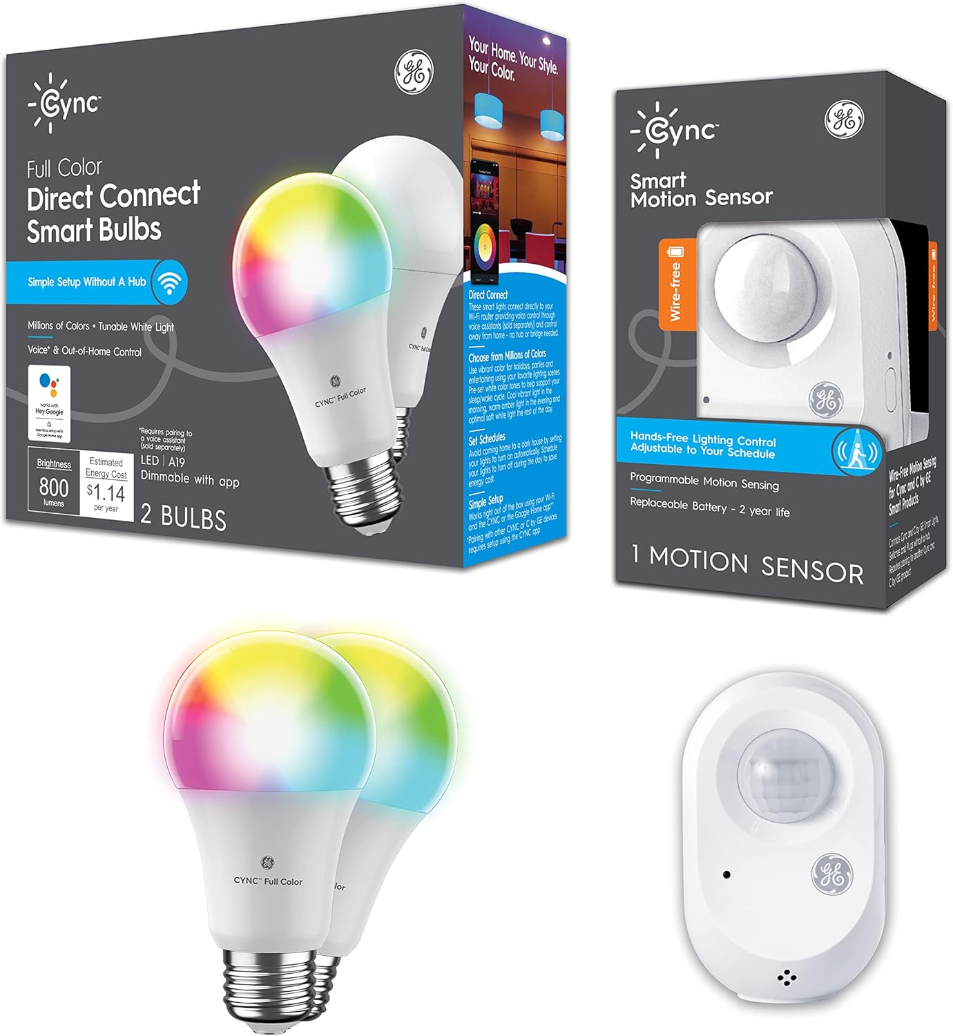 GE CYNC Smart LED Light Bulbs + Motion Sensor Bundle (2) Full Color A19