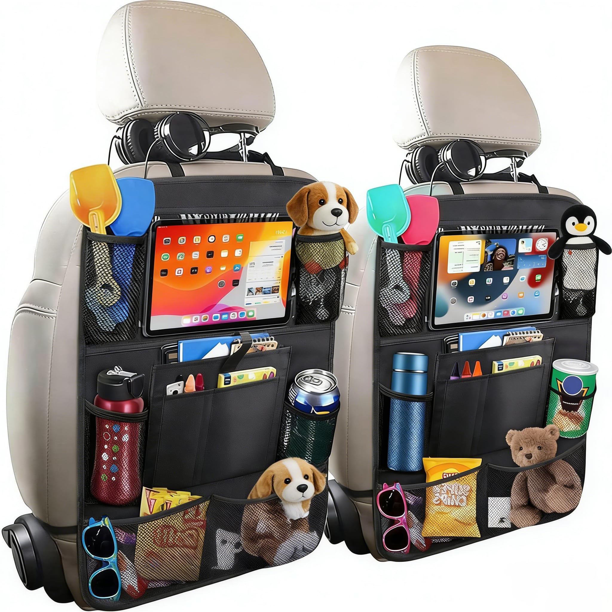 2-piece car storage bag set, including child seat back storage bag, rear seat protector, 10-inch tablet cover, and 9-pocket storage bag with kick guard for storing water bottles, toys, books, etc.