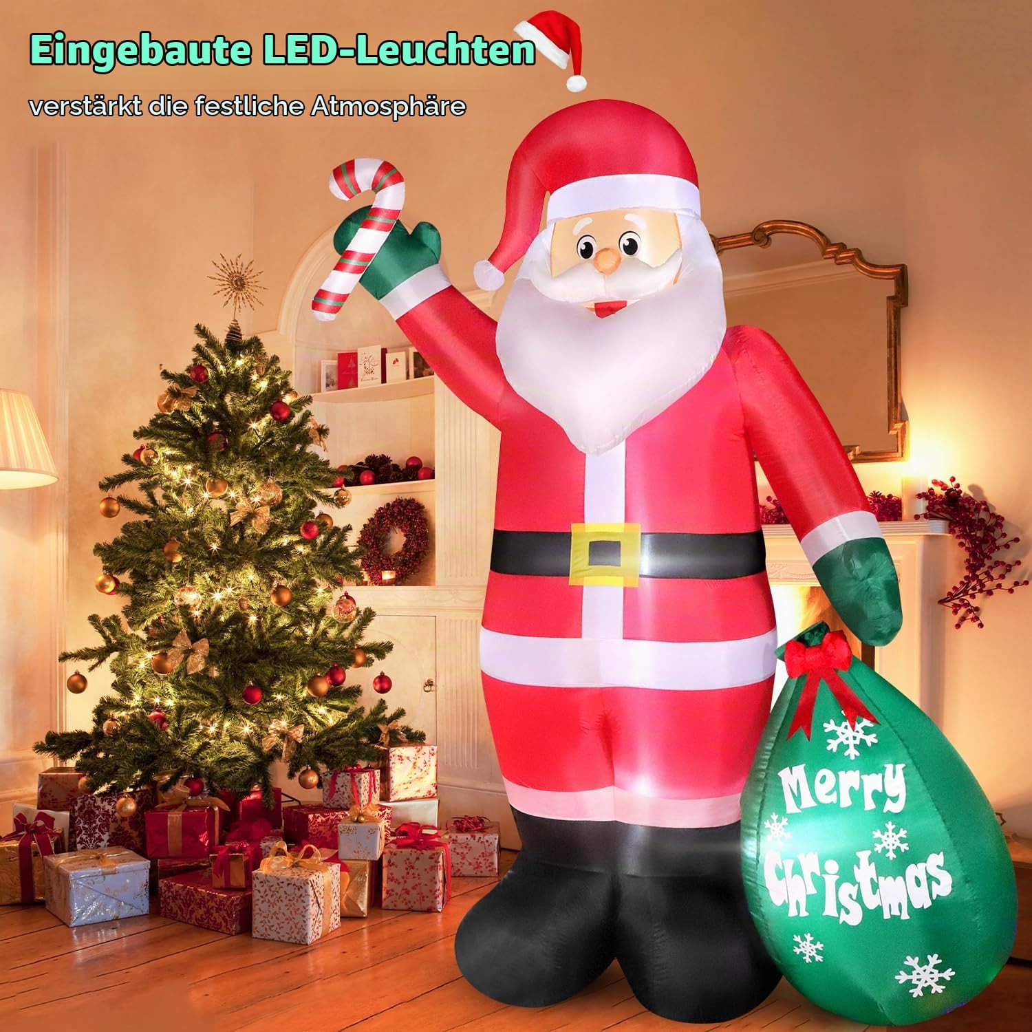 Omdekor 180CM/6FT Großer weihnachtsdeko aufblasbar Weihnachtsmann mit Geschenkesack & Gehstock, IP44 Wassergeschützt, Innen/Garten/Deko mit Integrierten LED-Lichtern, Erdspießen & Sandsäcken