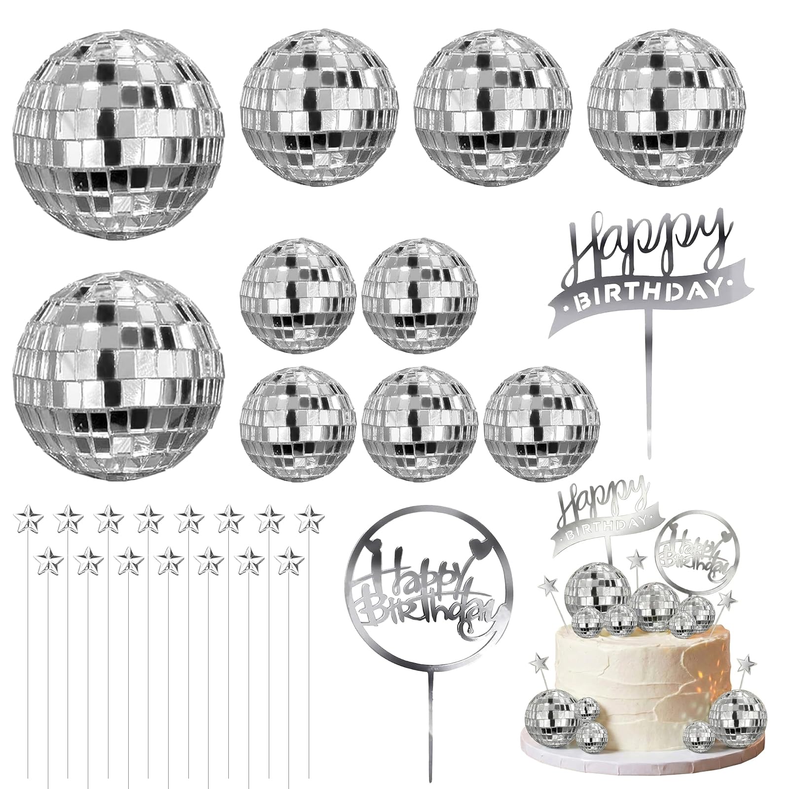 27 Pcs Disco Ball Cake Decorations, 3 Sizes Shiny Disco Ball Cake Topper, Reusable Mini Disco Balls Cake Toppers for Theme Party Birthday Cake Decorations