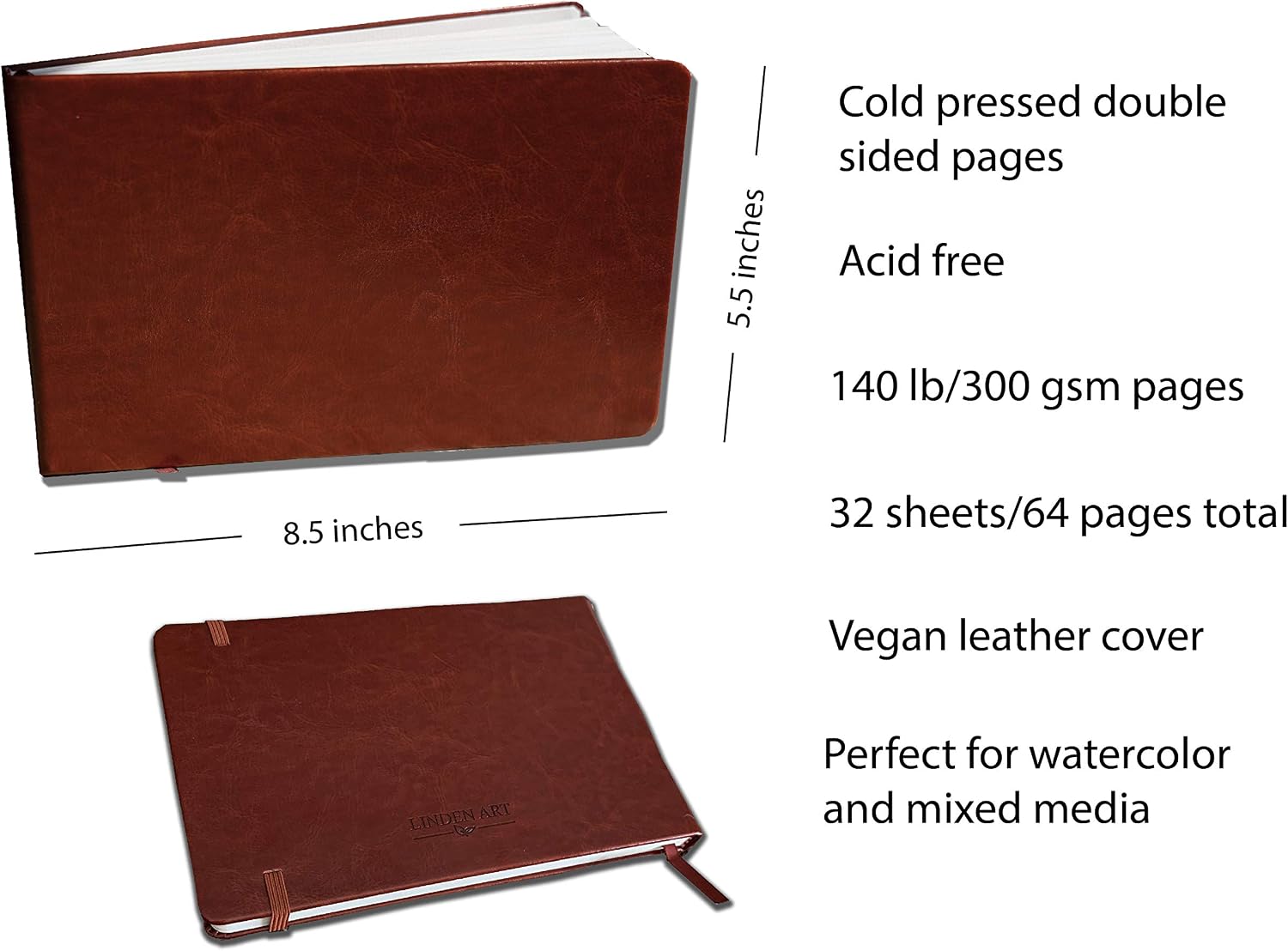 Linden Art Watercolor Journal, 140 lb (300 GSM), 64 Cold Pressed 8.5"x5.5" Pages, Watercolor and Mixed Media Travel Journal, Brown PU Leather Hard Cover Art Book