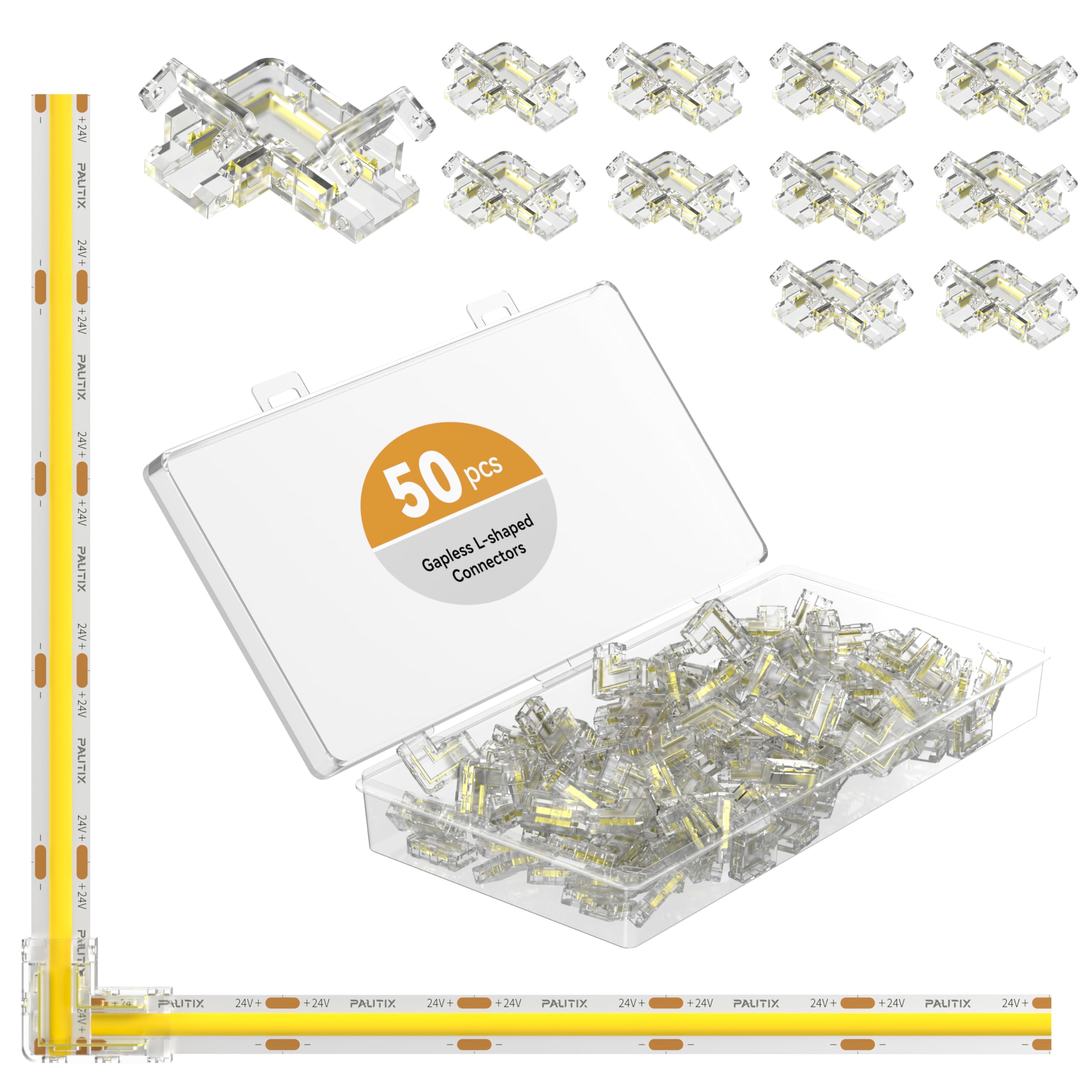 Photo 1 of PAUTIX 8mm 2-Pin COB Connector 50pcs L-Shaped/Corner Connectors,Unwired Clips Solderless Adapter Terminal Extension Connection,Gapless Connectors for COB LED Strip Lights,SMD LED Strip Lights
