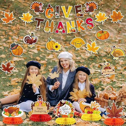 Miniatura 7 de Blosssound 29 piezas de decoraciones de fiesta de Acción de Gracias  Centros de mesa de nido de abeja de hoja de arce de pavo y calabaza, pancartas