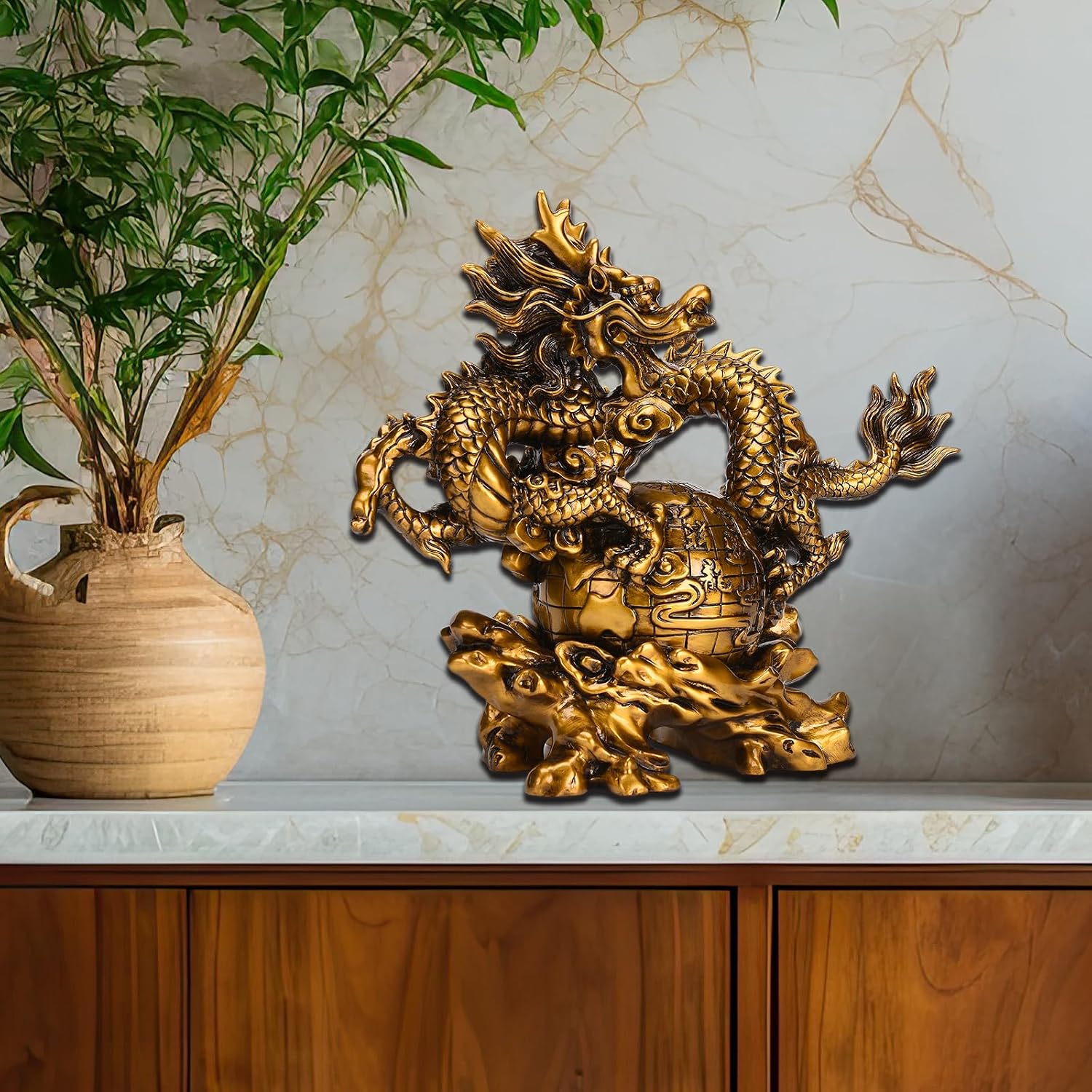 BRABUD Resin Chinese Feng Shui Dragon Statue Attract Wealth and Success Good Luck Antique Ornament Home Office Decoration Busniess Gift 13''(H) TQGJBS706
