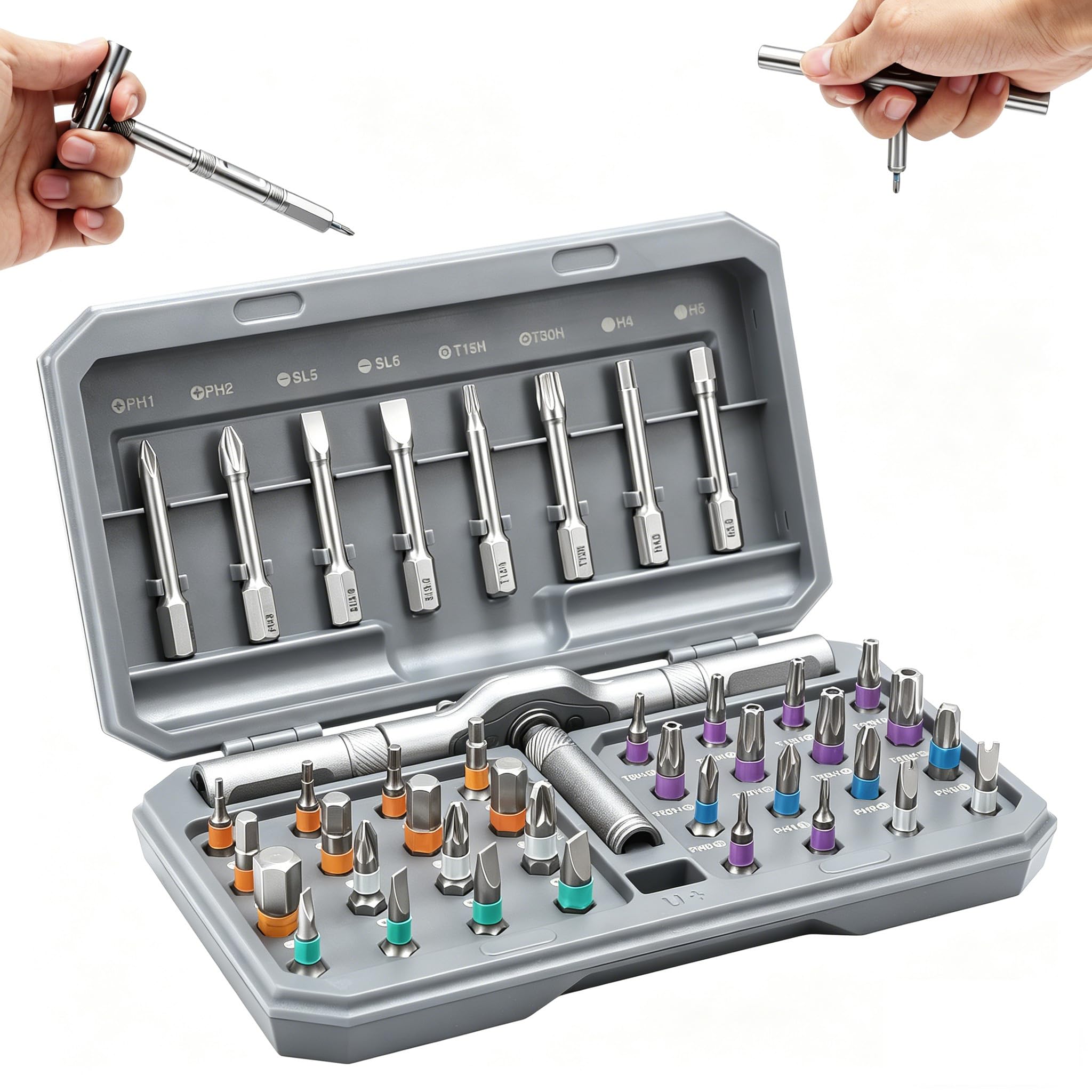 42 en 1 Ensemble de tournevis magnétique, jeu de tournevis cliquet avec 40 embouts, manche T à rotation réglable, kit d'outils pour meubles, vélo, ordinateur, électronique