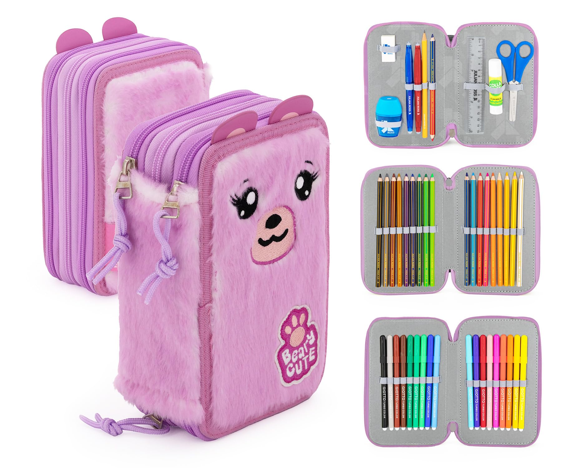 Julian Ross Astuccio 3 Scomparti Fluffy 45 Pezzi, Penne Gel Cancellabili, Colla, Forbici, Pastelli 4.0, 3 Zip, Bambina, Scuola, Orsetto Rosa