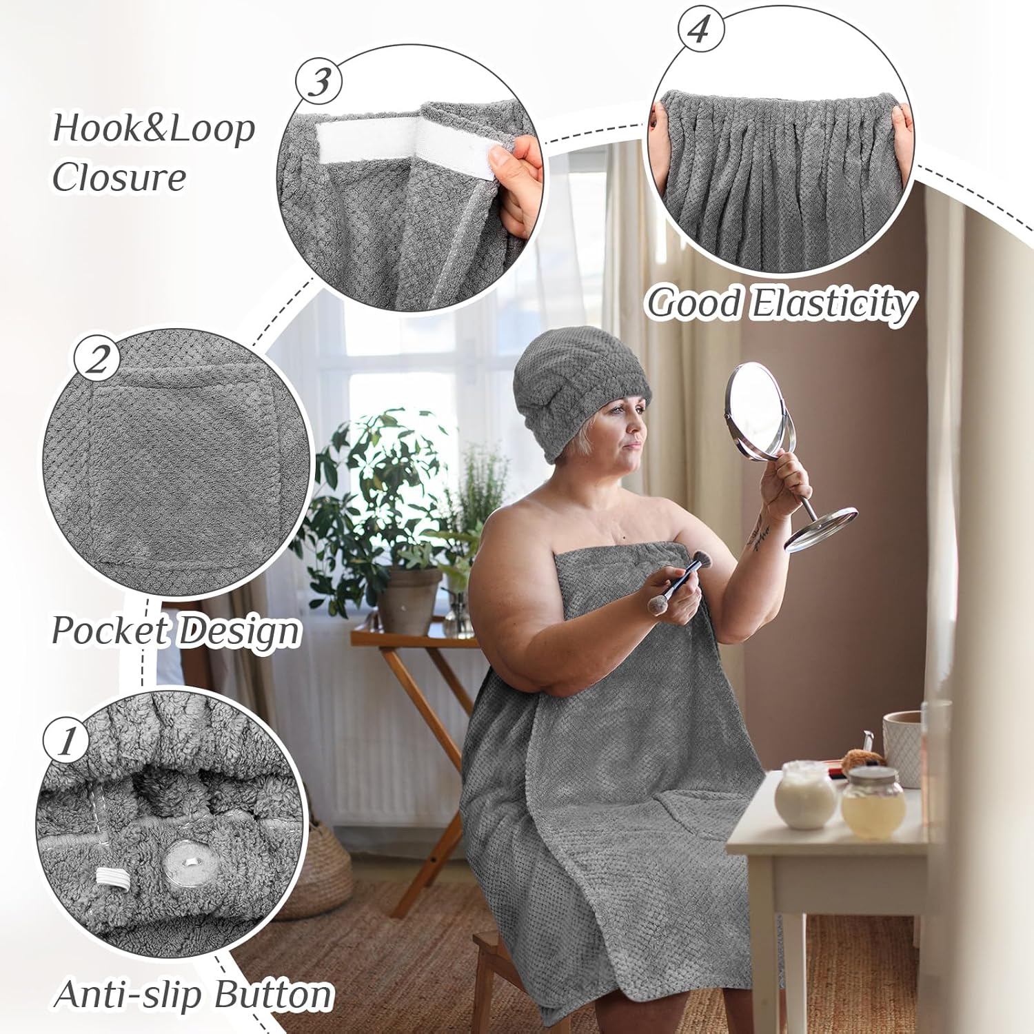 Tigeen Plus Size Towel Wrap for Women Spa Robe Set with Shower Hair Drying Turban Cap Towel Headband Adjustable Bathrobe - Image 3
