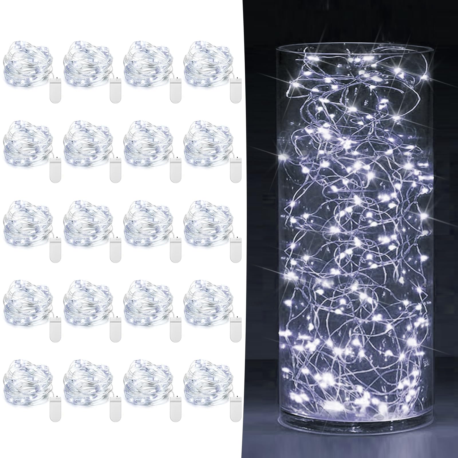 20 Pack Fairy Lights Battery Operated 7ft 20 LED Mini String Lights Twinkle Lights Silver Wire Firefly Starry Lights for Mason Jars Wedding Party Christmas Centerpiece Table Decorations, Cool White