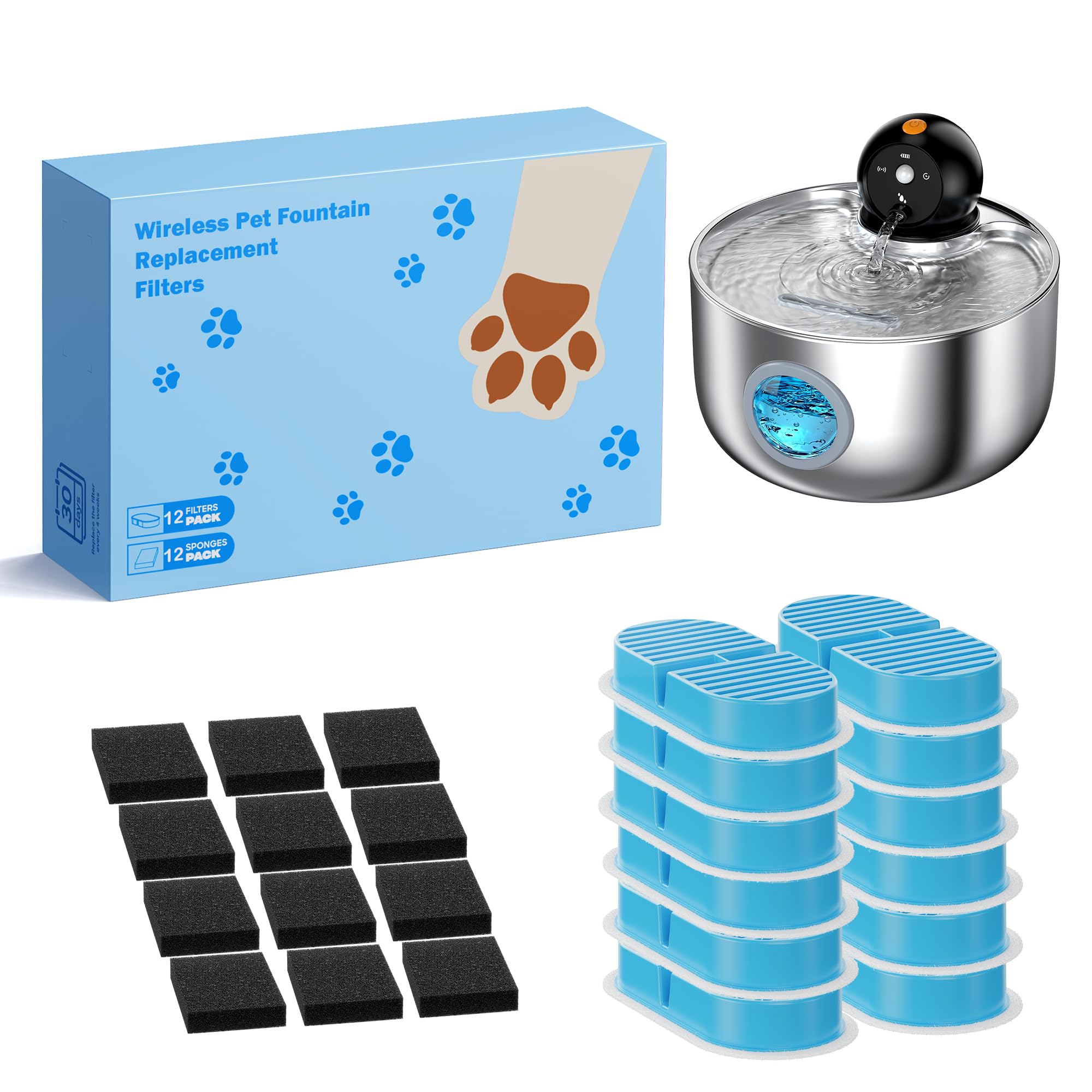 NOBXBON Cat Fountain Filter Replacement: Wireless Pet Water Fountain Filters - 24 Filters for Cordless Cat Drinking Fountain - 12 Pack Carbon Filters + 12 Pack Sponges Filters (6-Month Supply)