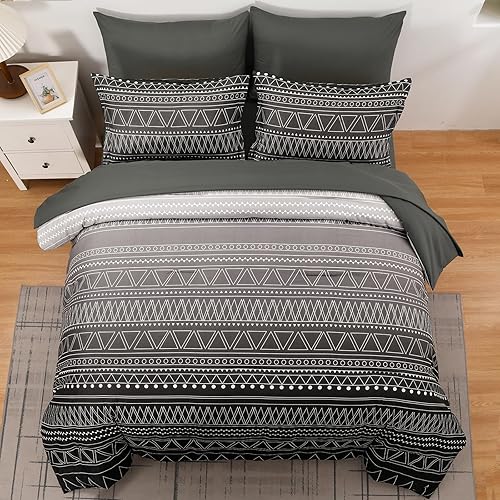 Miniatura 3 de WONGS BEDDING Juego de edredón bohemio de 7 piezas tamaño King, color negro y gris, a rayas, degradado, juego de ropa de cama en una bolsa, para