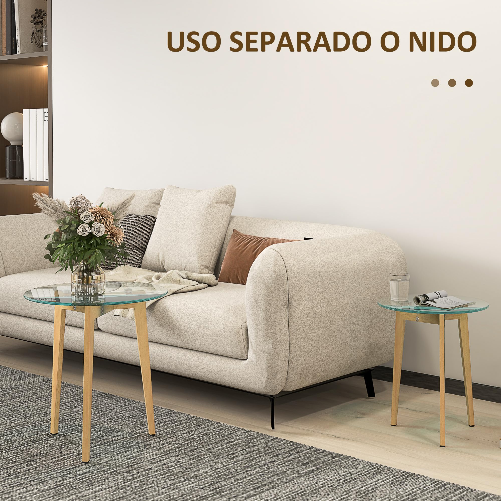 HOMCOM Mesas Auxiliares para Salón Mesas Nidos de 2 Piezas Transparente | Tablero de Vidrio Templado, Marco de Acero, Mesas de Centro Pequeñas, Dormitorio
