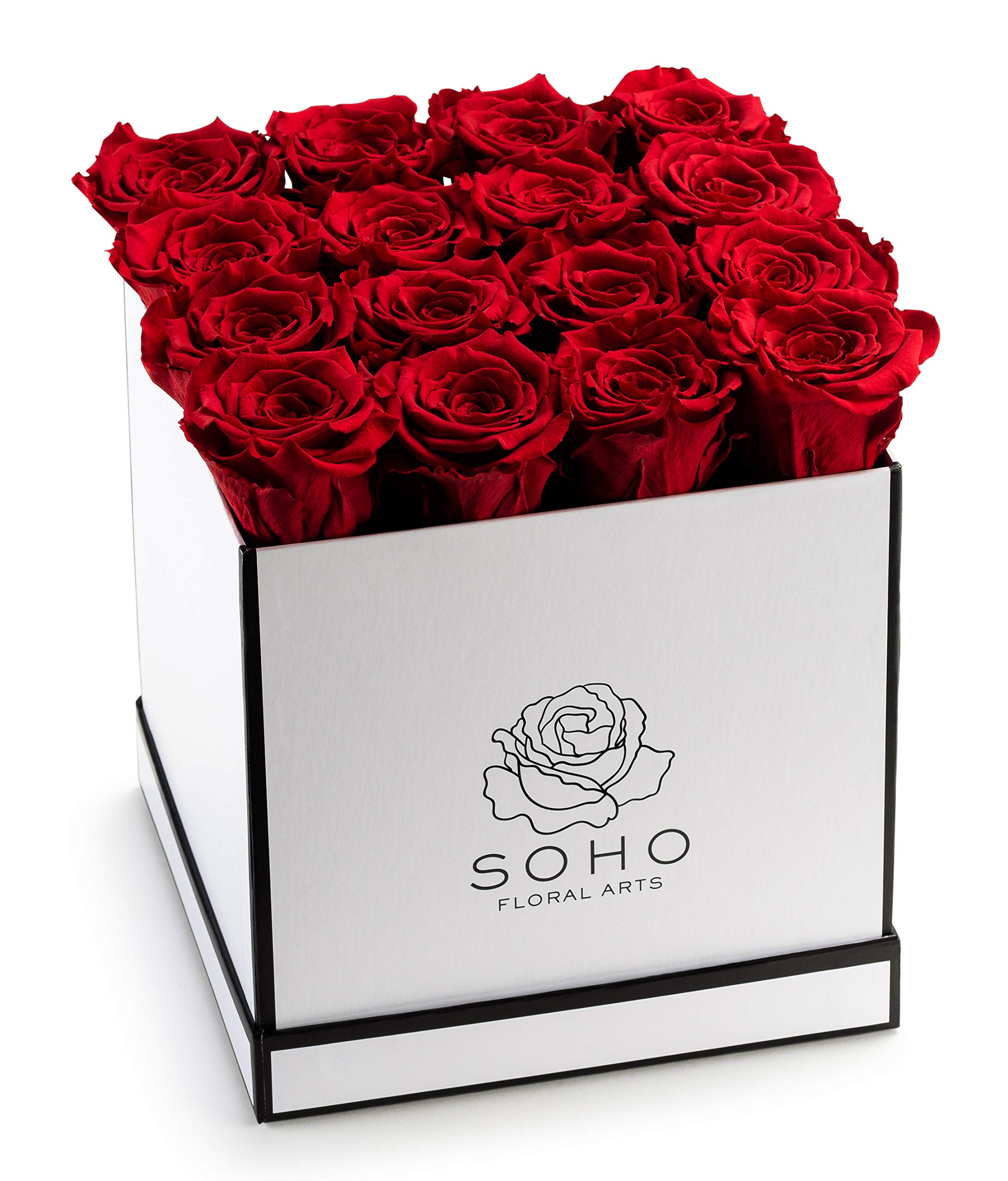 Soho Floral Arts | Real Roses That Last a Year and More | Fresh Flowers | Eternal Roses in a Box (Red, White Box X-Large 16ct) | Mothers Day Gifts | Gifts for Mom