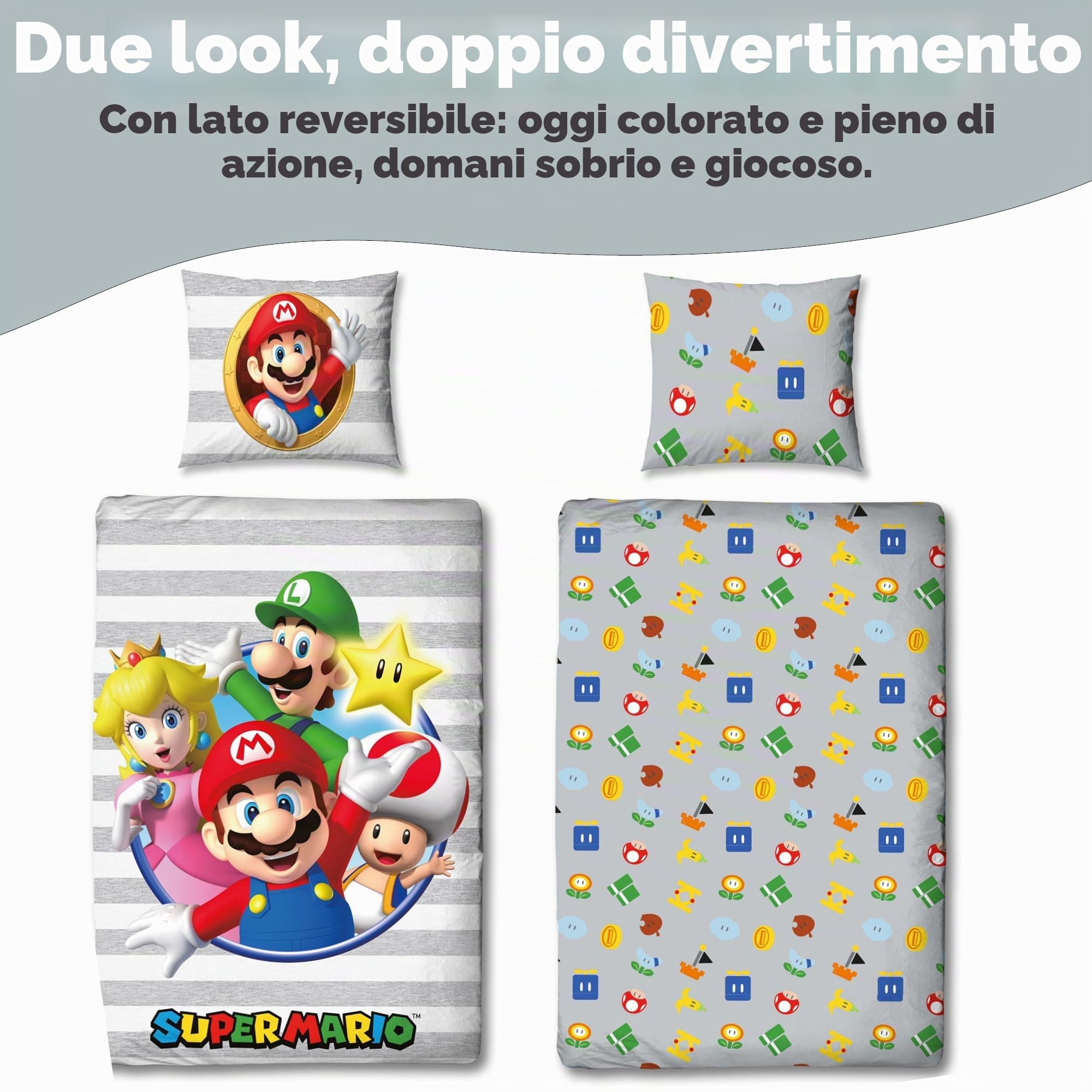 Set di biancheria da letto double-face per bambini, motivo Super Mario, 135 x 200 cm, 80 x 80 cm, 100% cotone, con chiusura lampo, in linone
