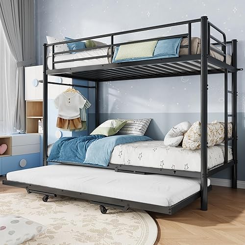 Triple Bunk Bed with Trundle, Twin Over Twin Bunk Bed for 3 Sleepers, Heavy-Duty Metal Frame with Full-Length Guardrail and Ladders, Family-Friendly Space-Saving Bed for Kids & Twin, Black | Triple Bunk Bed
