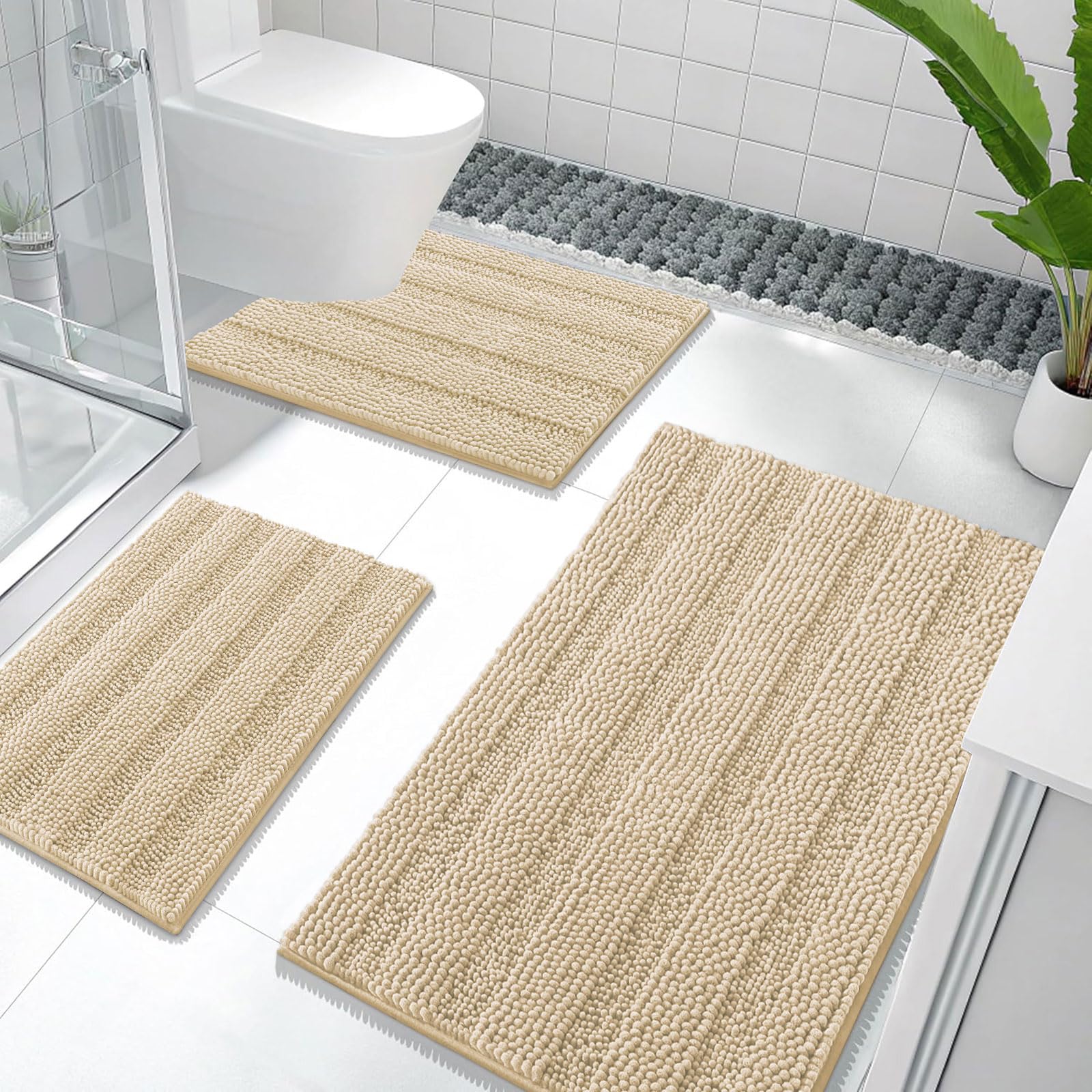 OLANLY Thick Bathroom Rugs Sets 3 Piece, Absorbent Chenille Striped Bath Mats and U-Shaped Contour Toilet Rug, Home Decor Accessories, Bath Mat Set for Bathroom (36"x24"+24"x16"+24"x20", Beige)