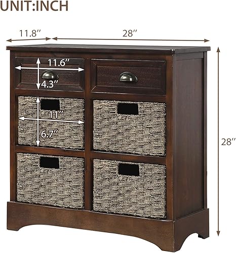 Miniatura 2 de P PURLOVE Armario de almacenamiento de estilo retro con 2 cajones de madera y 4 cestas de mimbre para el hogar, cocina, entrada, sala de estar