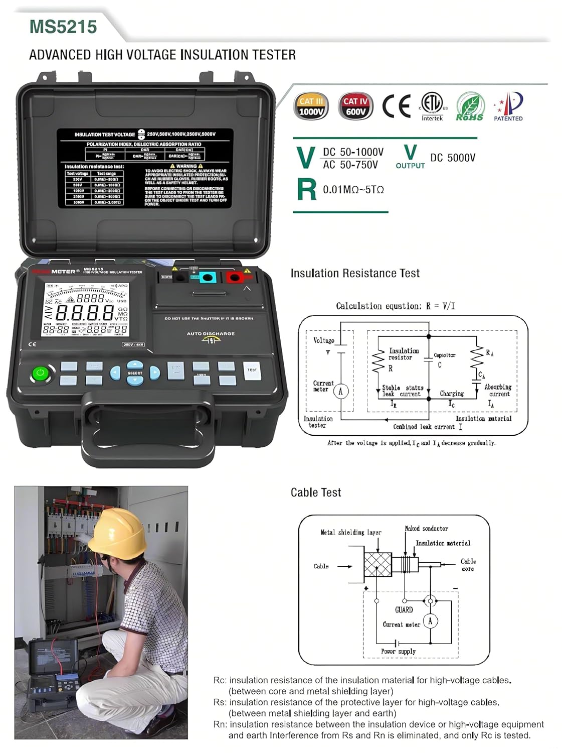 High Voltage Resistance Tester Megohmmeter MS5215 Digital/Analog Display Insulation Tester 5000V Measure to 5T Ohm Insulation Resistance Tester USB Interface