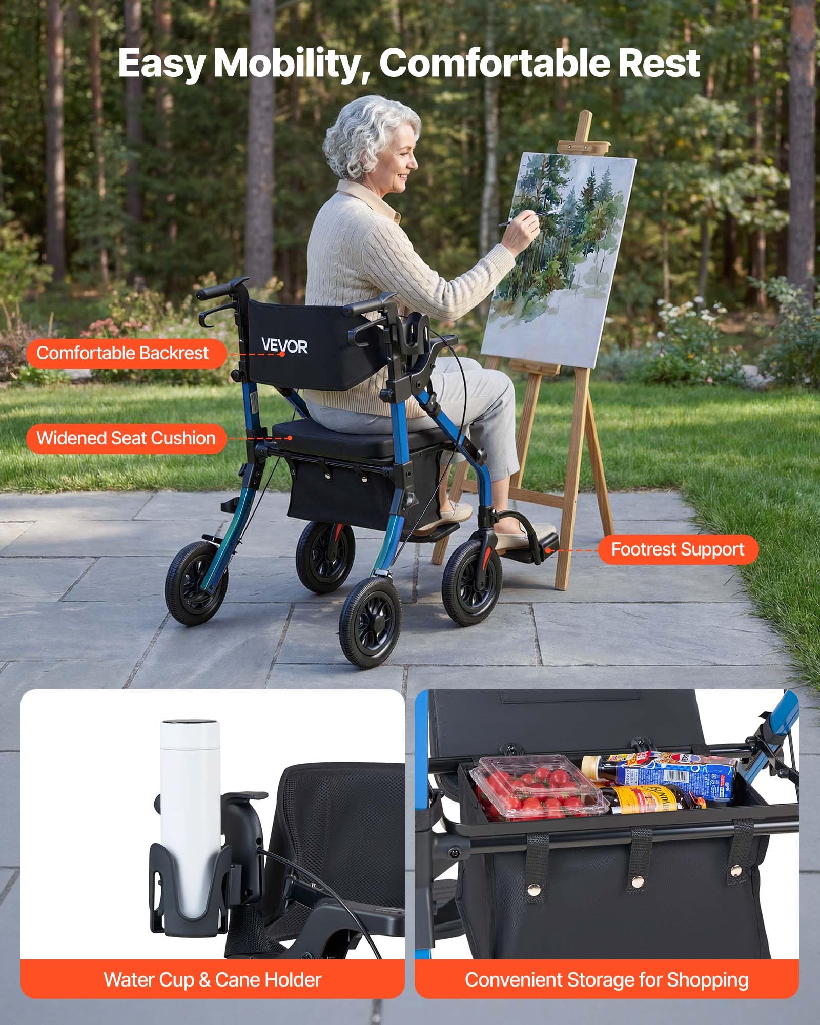 VEVOR Deambulatore e Sedia a Rotelle 2 in 1 per Anziani, Supporto Massimo 136 kg, Ausilio Pieghevole per la Mobilità in Alluminio con Ruote in PU, per Sostegno Camminata Disabili e Persone Anziane