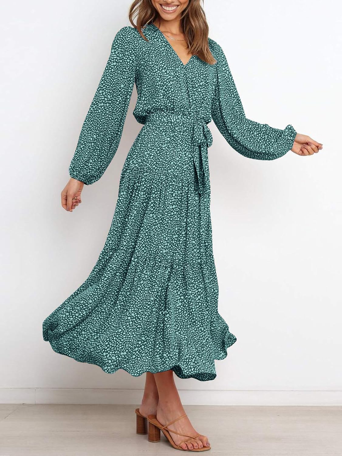 PRETTYGARDEN Womens Spring Long Sleeve Wrap V Neck Ruffle Floral Maxi Dress Casual Tie Waist Boho Chiffon Flowy Long Dresses - Image 3