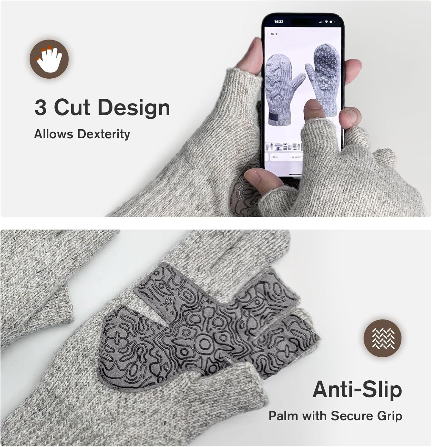 Men’s Ragg Wool Gloves Thinsulate Lined 3-Cut Fingers Cold Weather Glove - Image 2