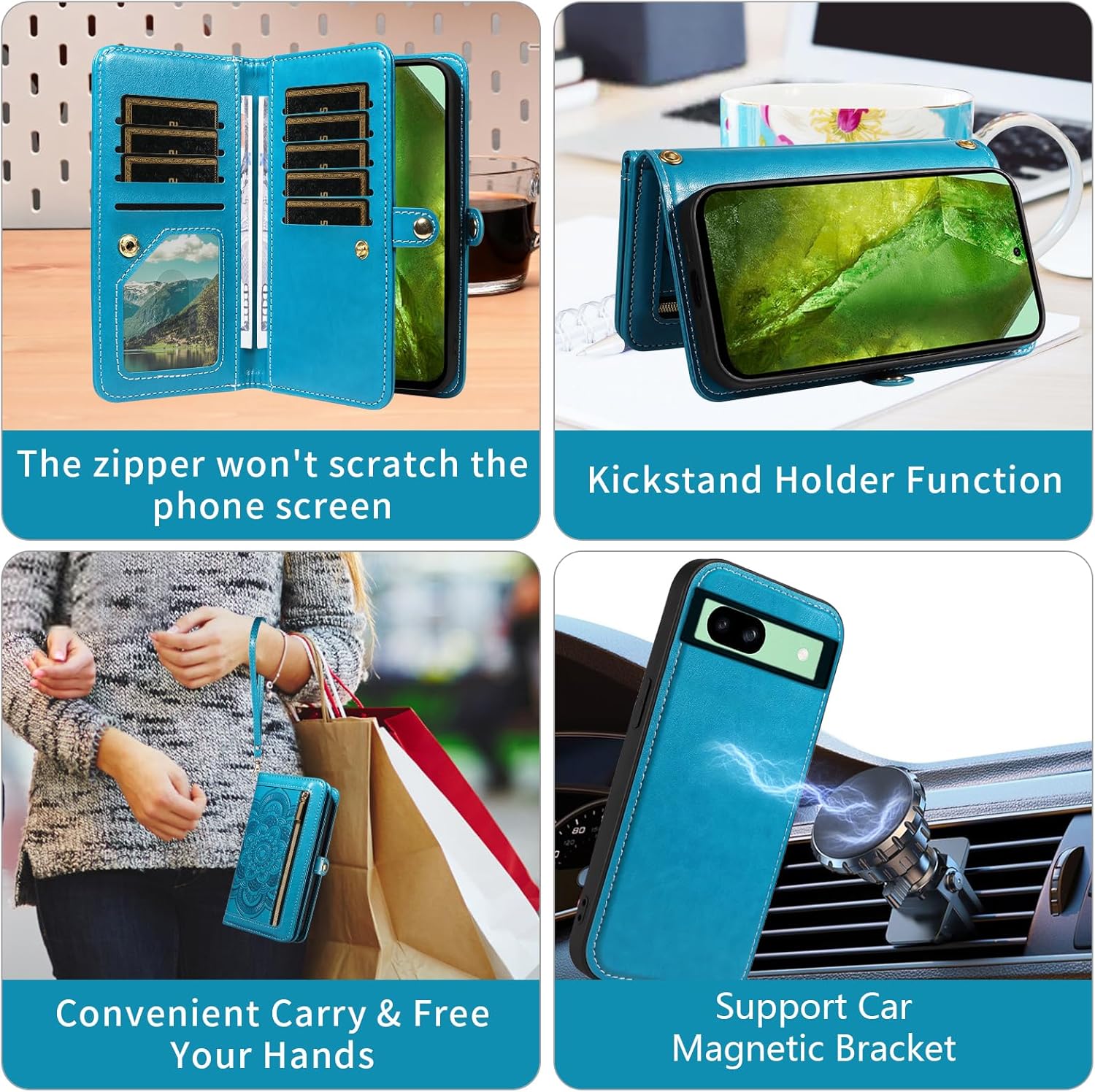 Asuwish Phone Case for Google Pixel 8A 5G Zipper Wallet Magnetic Detachable Cell Cover with Tempered Glass Screen Protector Crossbody Lanyard Strap Mandala Flower Card Holder Pixel8A A8 Women Men Blue