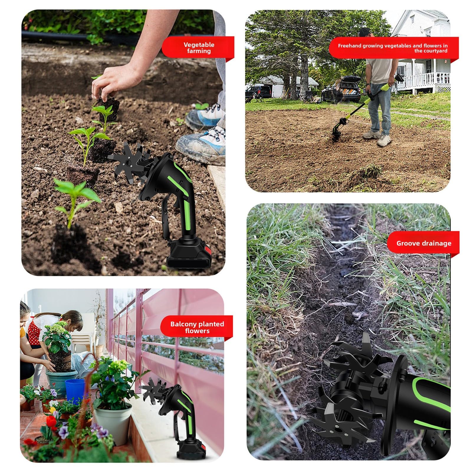 Fockety Cultivador de Jardín Eléctrico, Mini Cultivador de Mano Inalámbrico con 4 Filas de Cuchillas de Acero Al Manganeso de 6 Dientes, de Jardín para Aflojar el Suelo,