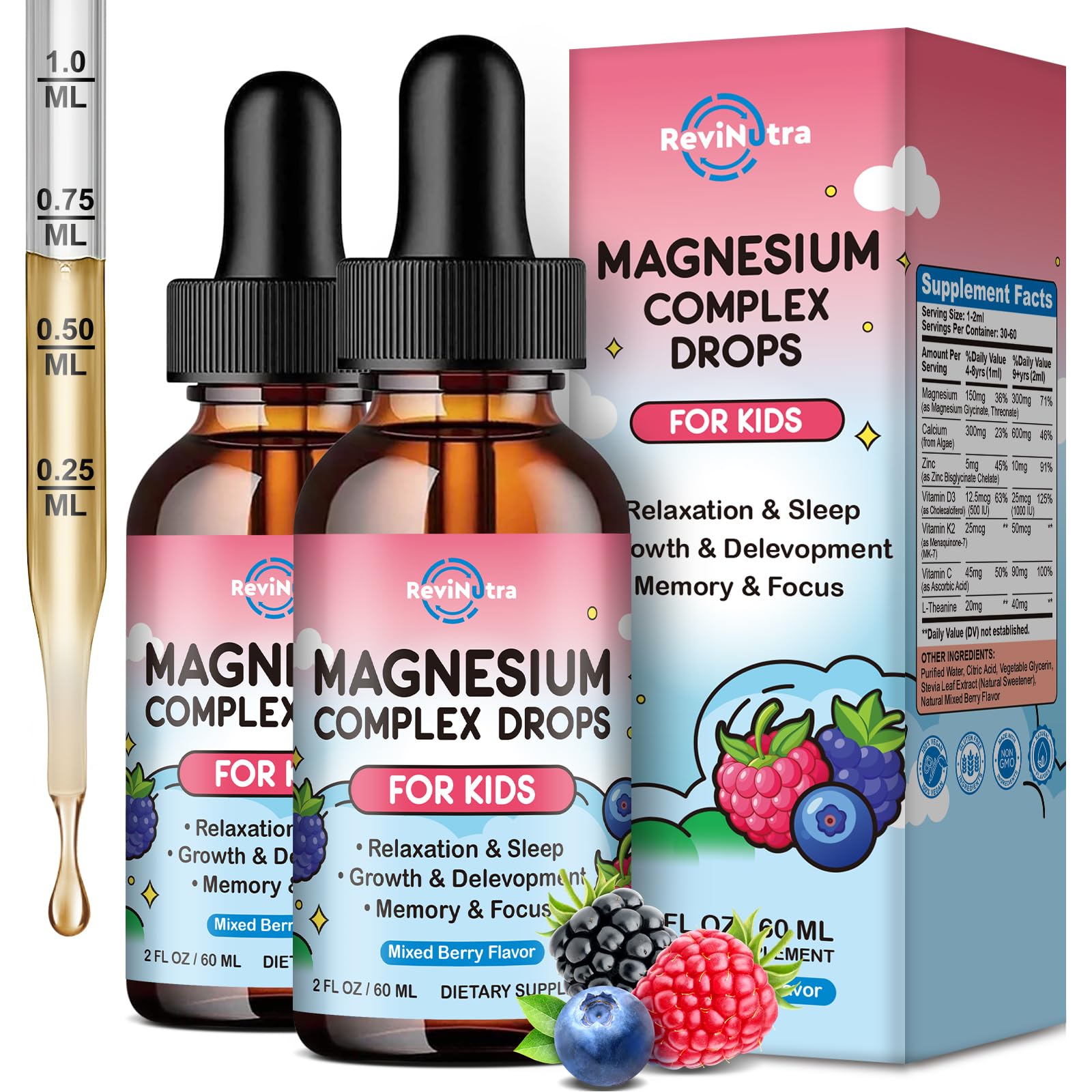 Kids Magnesium Liquid Drops - Magnesium Glycinate Liquid for Kids, Magnesium Supplement with L-Theanine, Calcium, Zinc, Vitamin D3 K2 for Sleep Calm Relaxation Brain Bones, Pineapple Flavor 2 Fl Oz — Amazon image 8