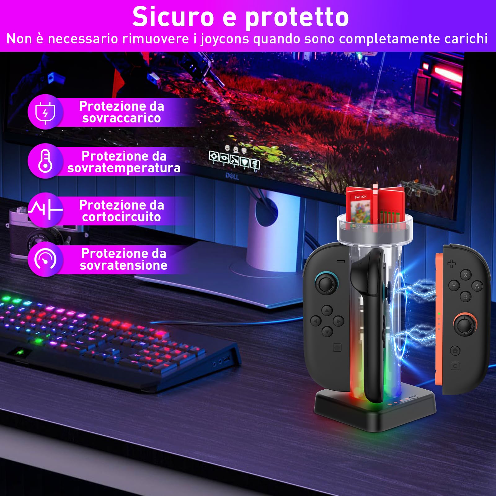 LONGYI Dock di ricarica per JoyCon di Switch 2, Stazione di Ricarica Magnetica con 5 Modalità di illuminazione, Caricatore per Controller con 6 Giochi per Gli Accessori di Switch 2