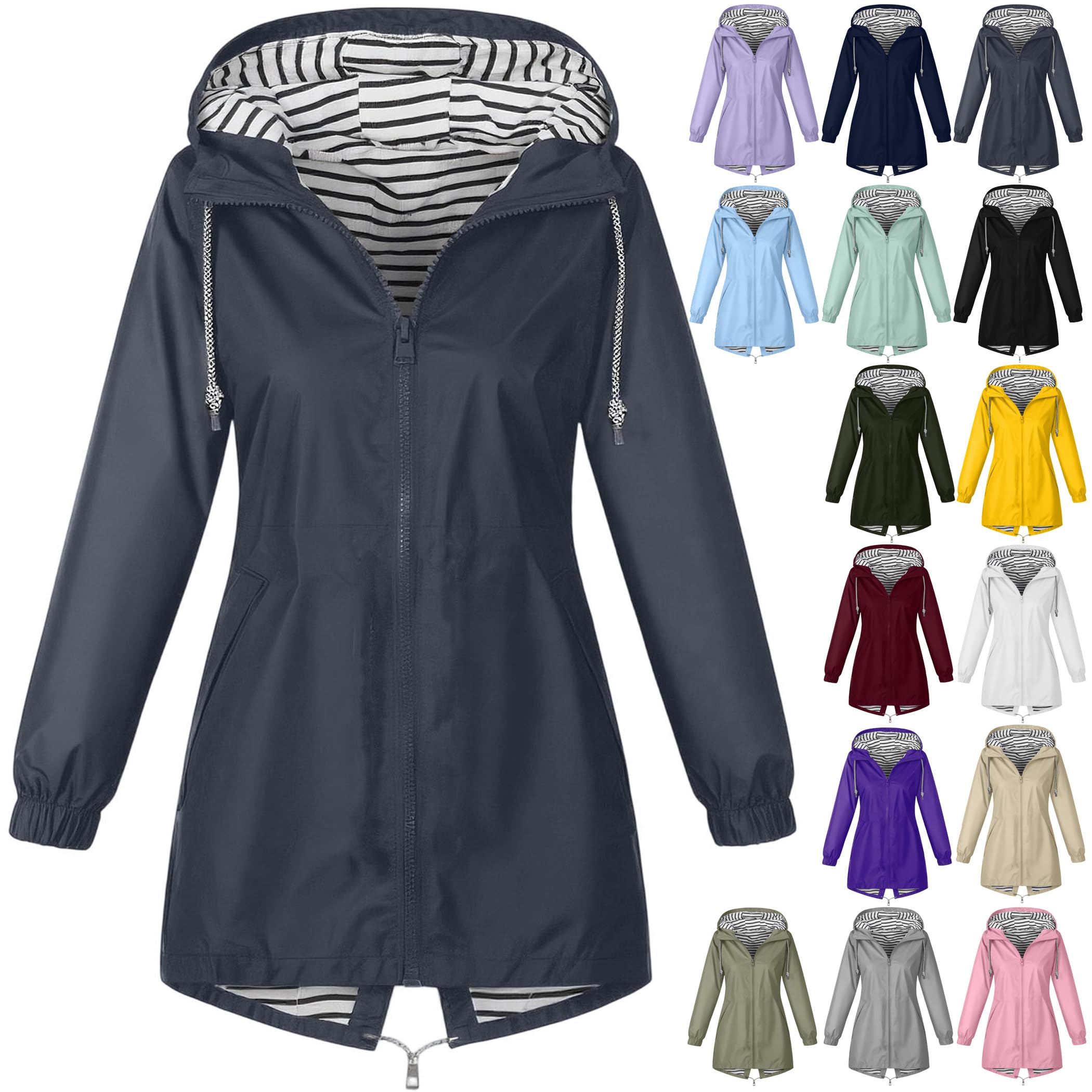 Veste Imperméable Femme À Capuche Léger Coupe-Vent Respirant Blouson de Pluie Mi-Saison Fermeture Éclair Poches Veste de Plein Air Randonnée Coupe-Vent Pliable Uni Quotidien Confortable Élégant