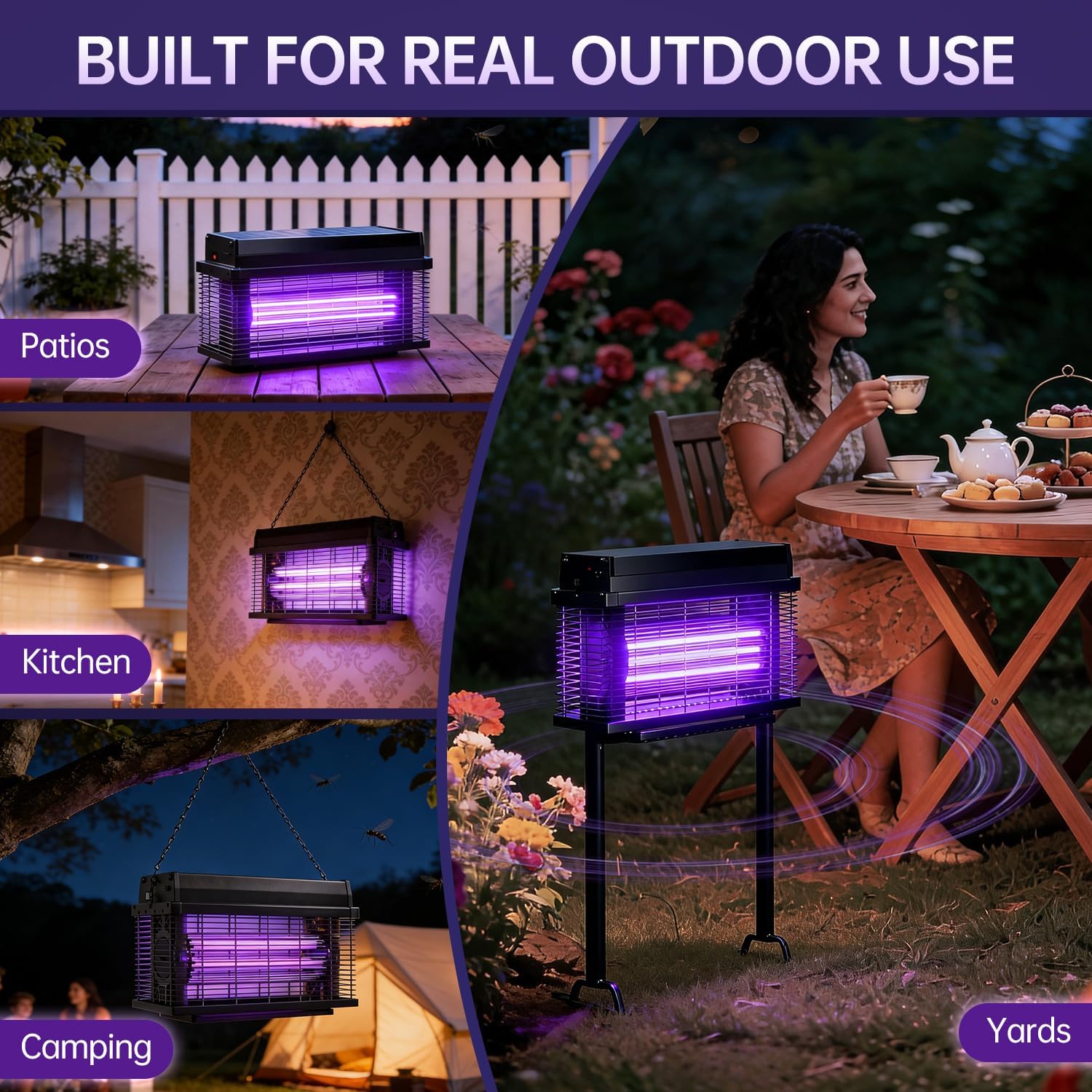 Solar Bug Zapper Outdoor, 4000 SQ.FT Mosquito Zapper with Smart Rain Off Rechargeable Mosquito Killer Lamp, Wireless Solar Powered Fly Trap for Yard Patio RV Camping (Black)