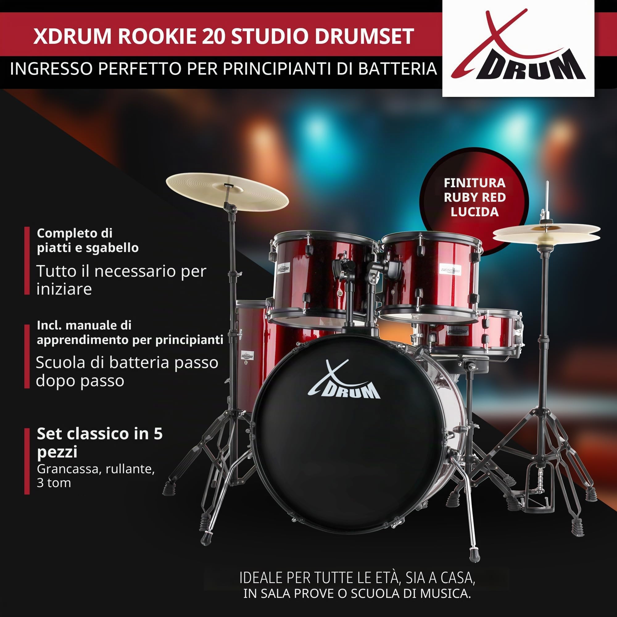 XDrum Rookie 20" Studio Batteria Rosso più Set Smorzatori, 14" TT | Fusti in pioppo acusticamente pregiato con pellicola speciale, Hardware nero a doppio supporto a 5 pezzi, 14" TT, 14" SD
