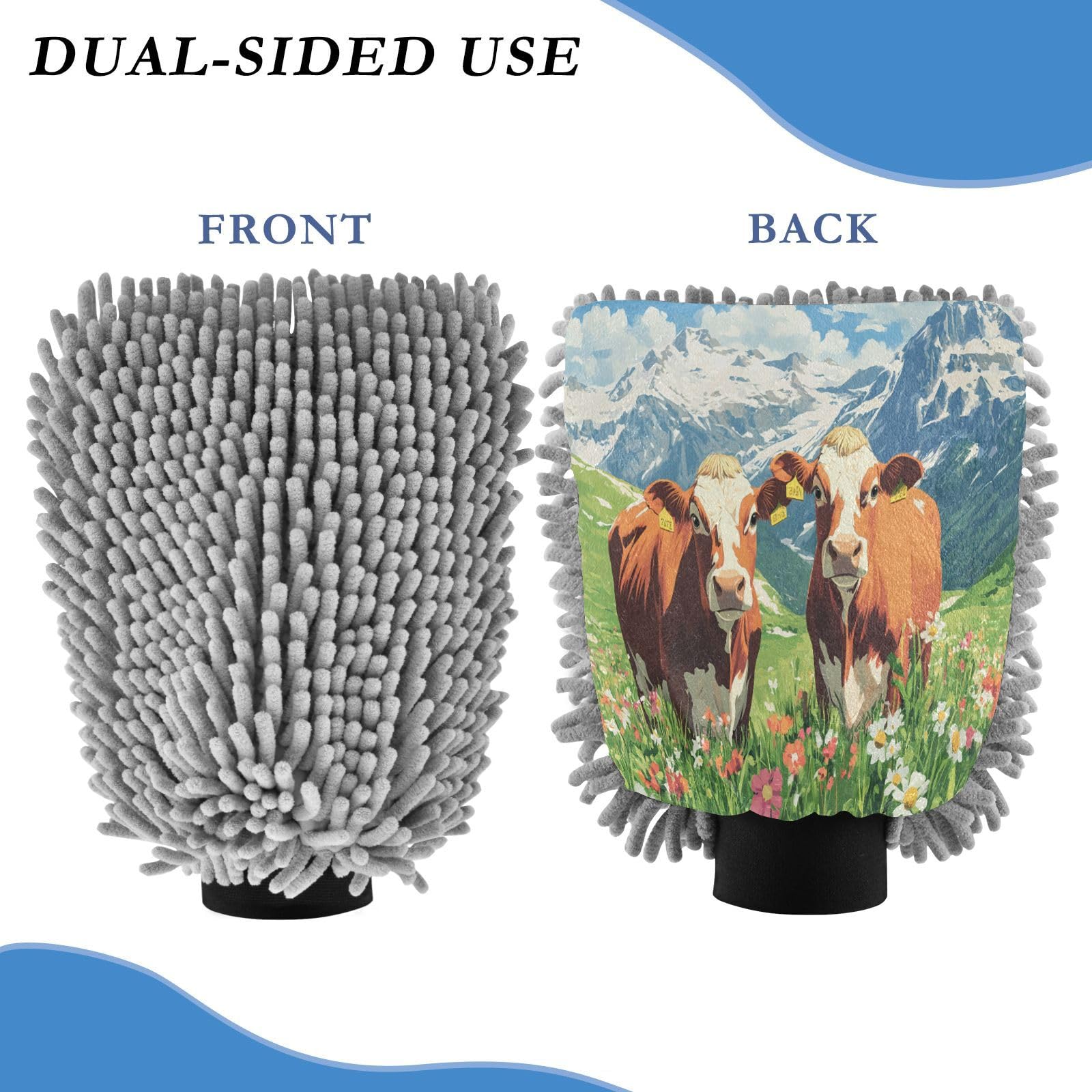 STAYTOP Two Cows on The Grassland Car Wash Mitt Microfiber, 2Pcs Scratch Free Lint-Free, Premium Chenille Microfiber Mitt Car Wash Brush-L